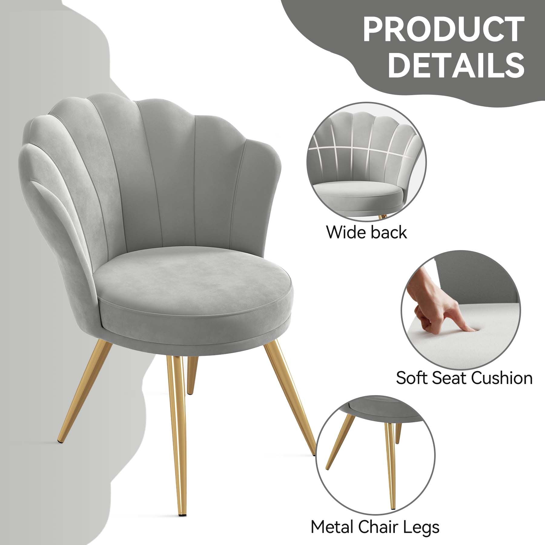 Velvet Accent Chair with Gold Metal Legs, Vanity Chair for Makeup Room, Upholstered Guest Chair for Living Room, Side Chair for Bedroom - Comfortable Living Decor