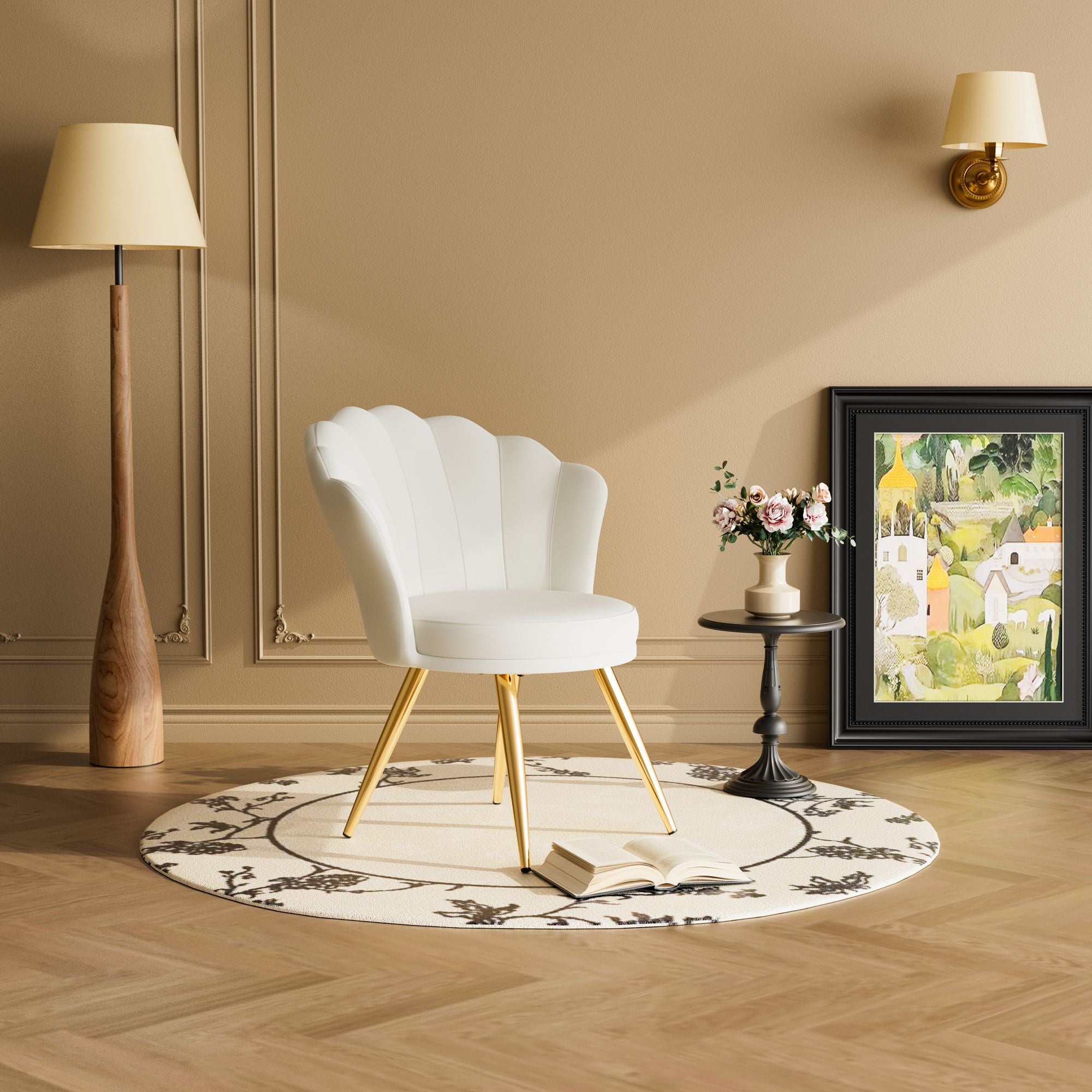 Velvet Accent Chair with Gold Metal Legs, Vanity Chair for Makeup Room, Upholstered Guest Chair for Living Room, Side Chair for Bedroom - Comfortable Living Decor