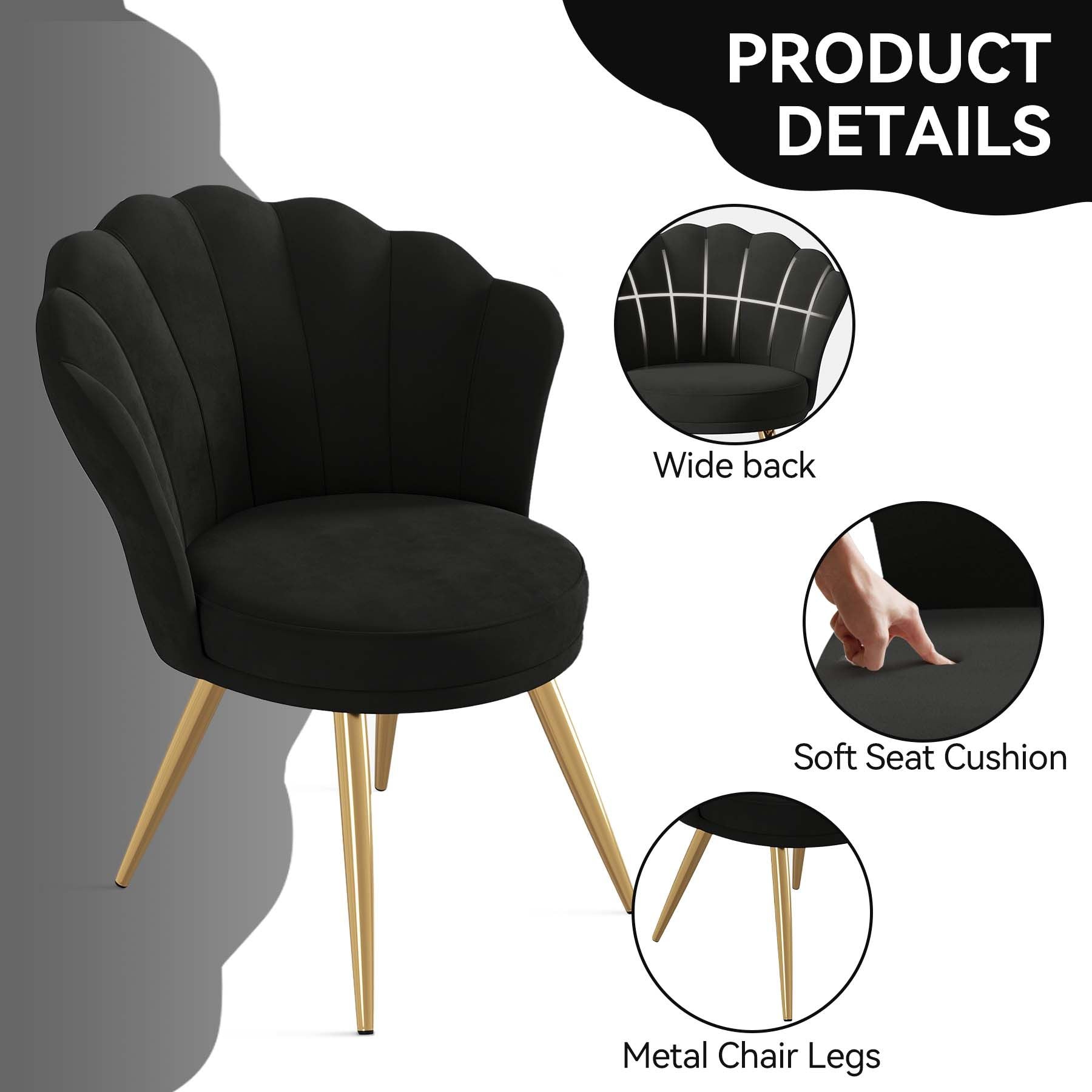 Velvet Accent Chair with Gold Metal Legs, Vanity Chair for Makeup Room, Upholstered Guest Chair for Living Room, Side Chair for Bedroom - Comfortable Living Decor