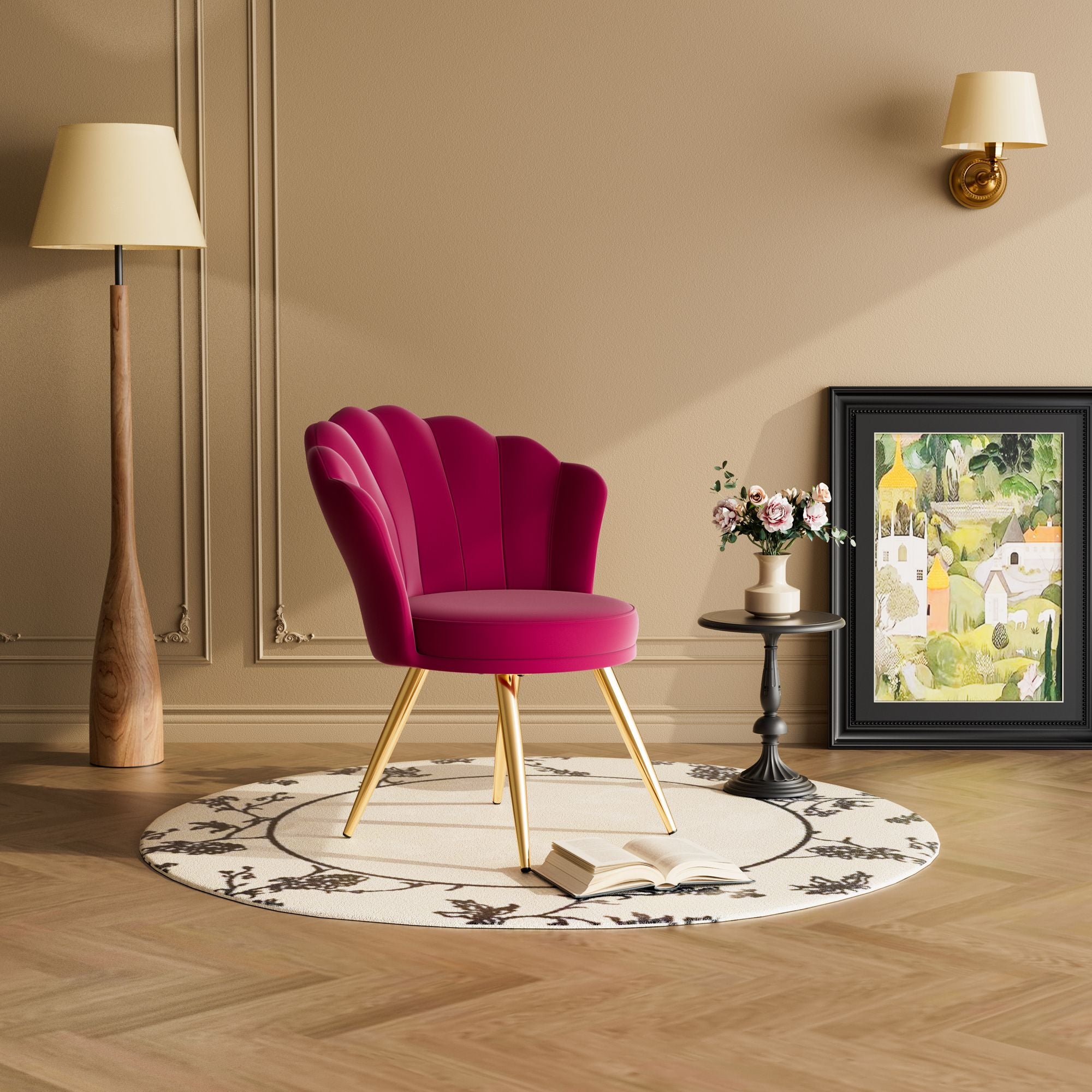 Velvet Accent Chair with Gold Metal Legs, Vanity Chair for Makeup Room, Upholstered Guest Chair for Living Room, Side Chair for Bedroom - Comfortable Living Decor