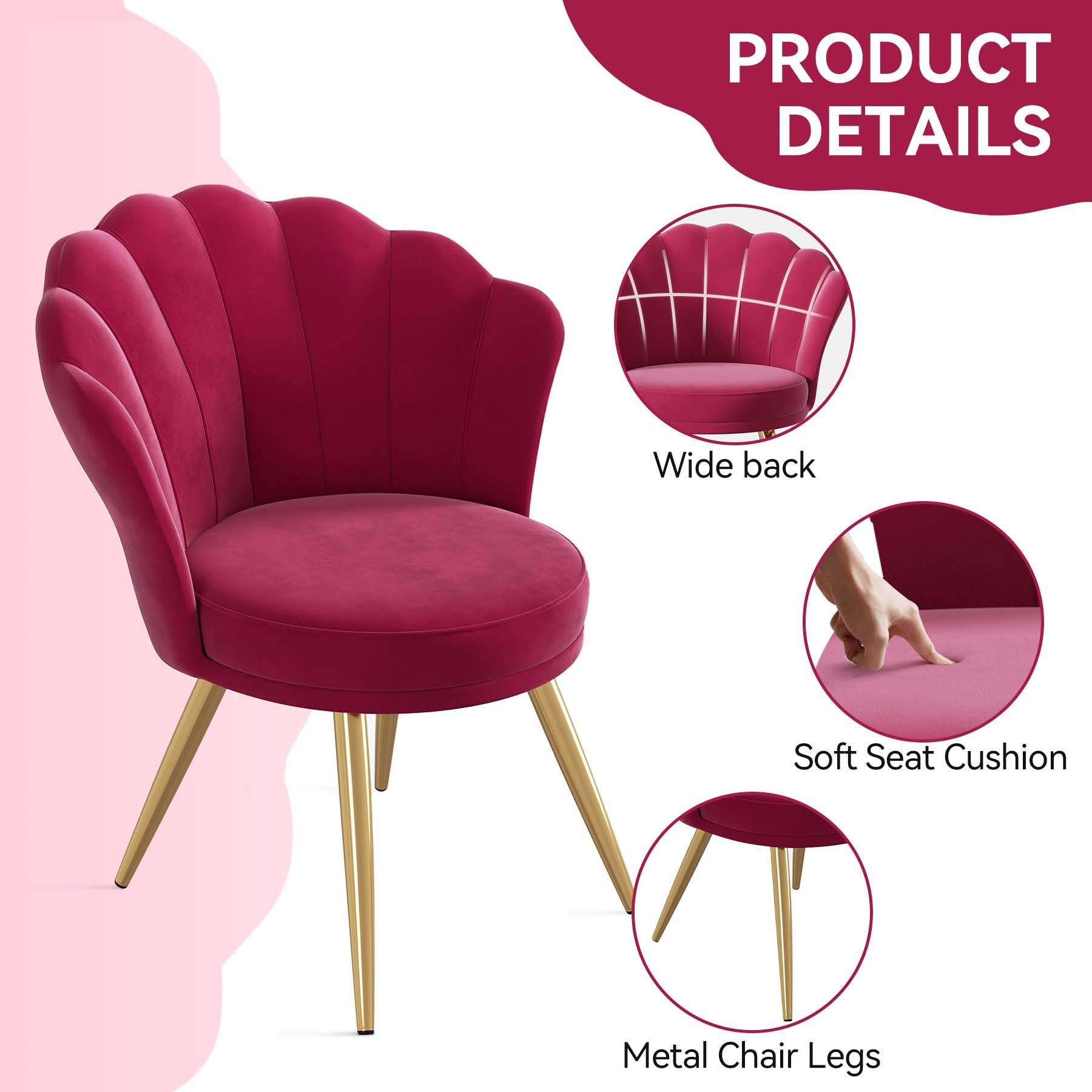Velvet Accent Chair with Gold Metal Legs, Vanity Chair for Makeup Room, Upholstered Guest Chair for Living Room, Side Chair for Bedroom - Comfortable Living Decor