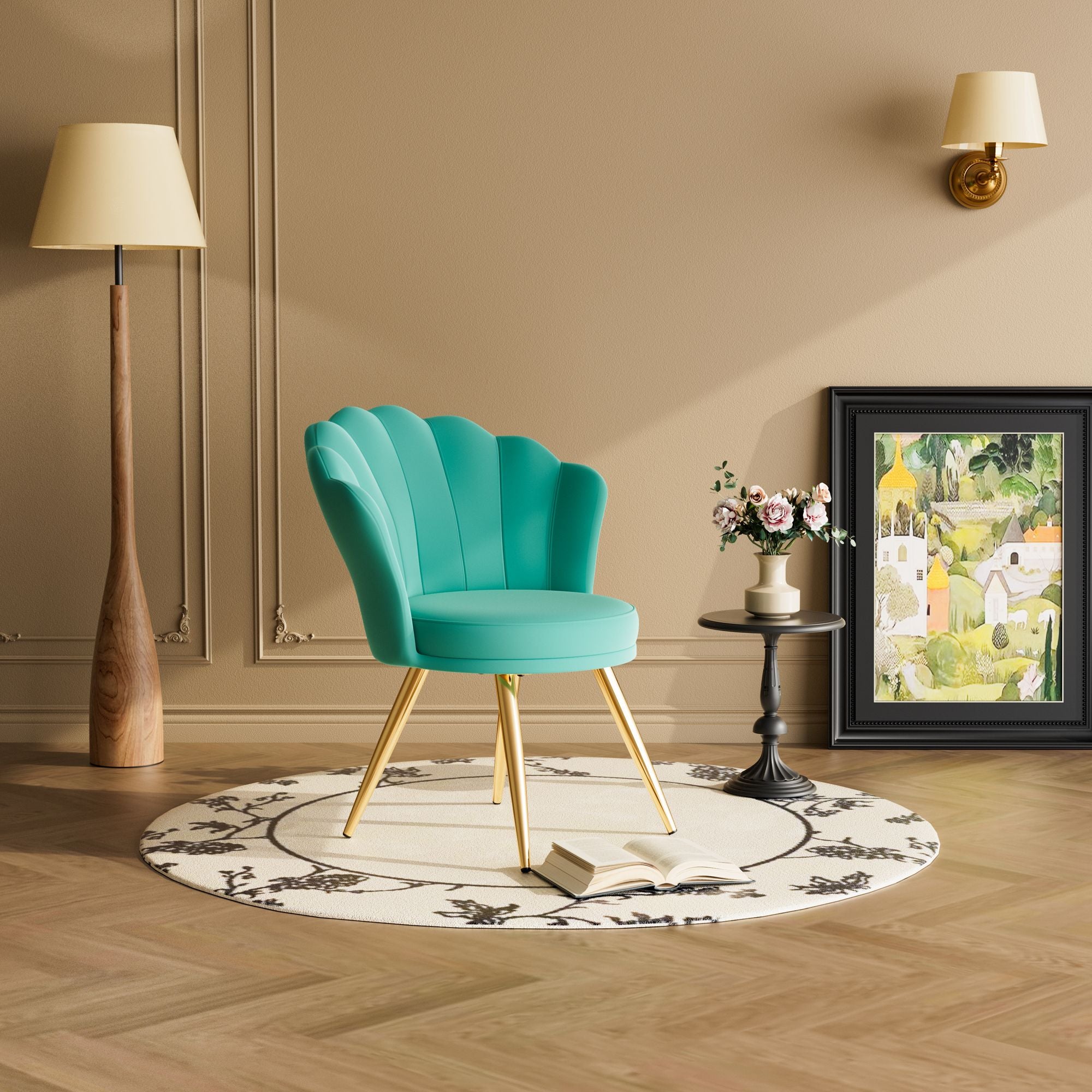 Velvet Accent Chair with Gold Metal Legs, Vanity Chair for Makeup Room, Upholstered Guest Chair for Living Room, Side Chair for Bedroom - Comfortable Living Decor
