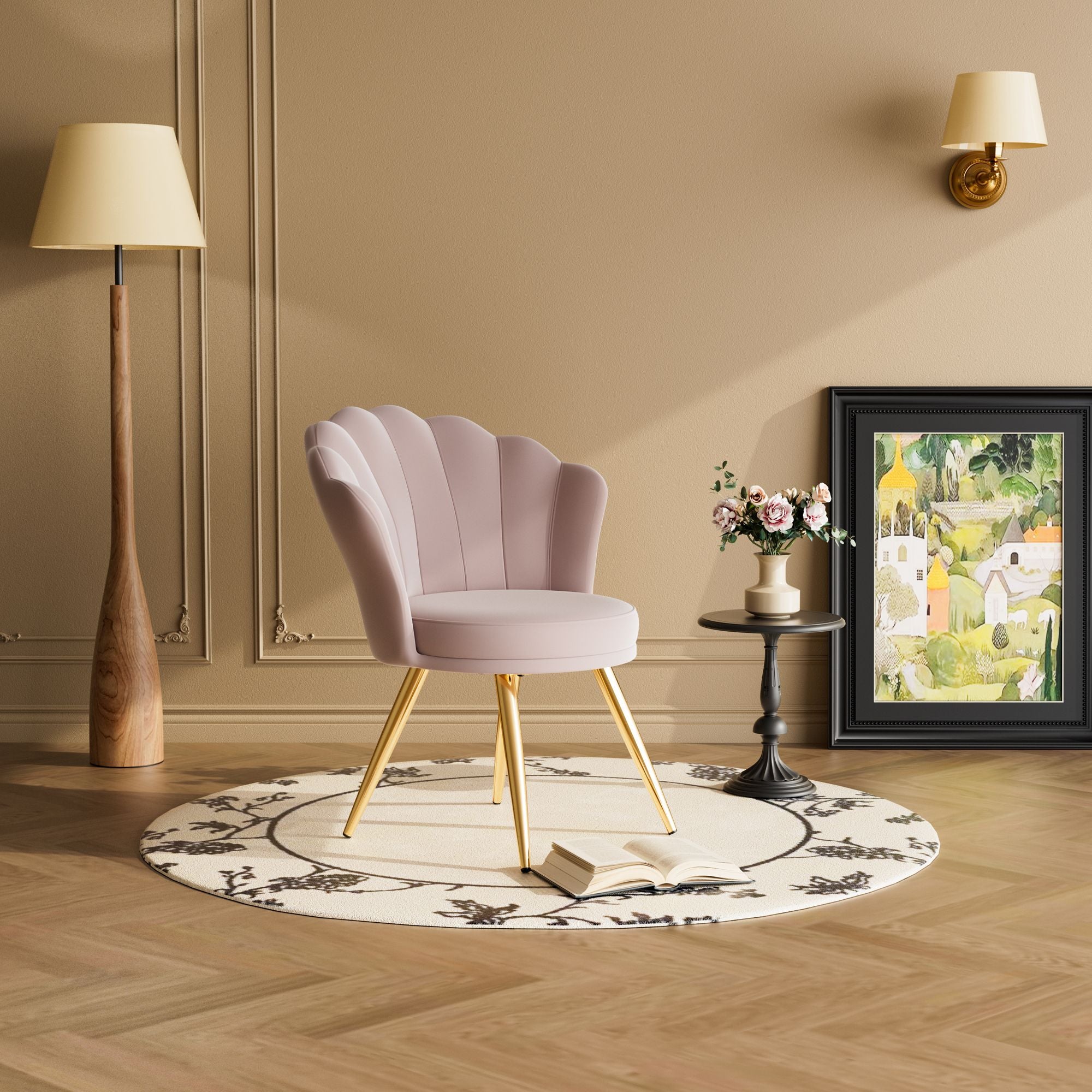 Velvet Accent Chair with Gold Metal Legs, Vanity Chair for Makeup Room, Upholstered Guest Chair for Living Room, Side Chair for Bedroom - Comfortable Living Decor