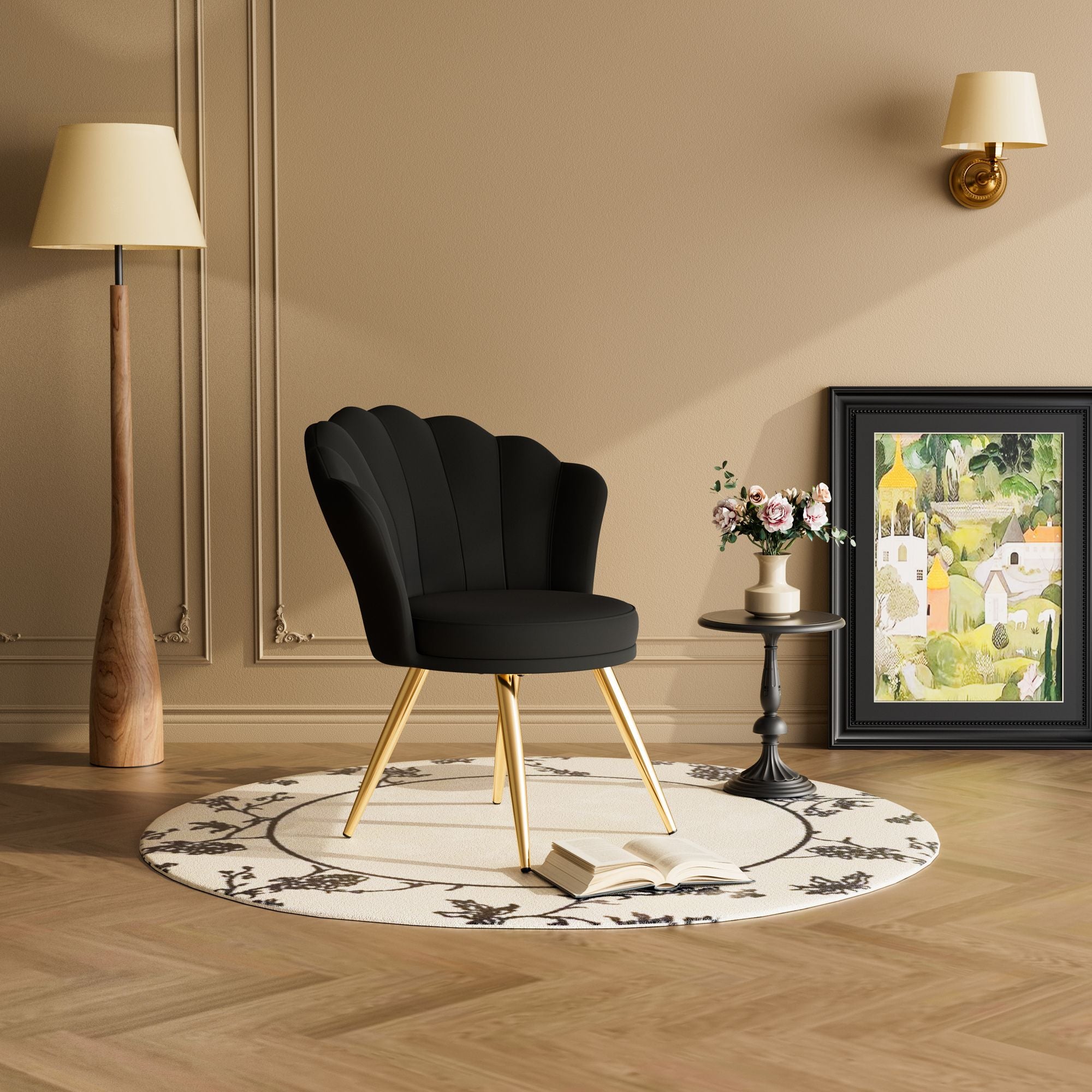 Velvet Accent Chair with Gold Metal Legs, Vanity Chair for Makeup Room, Upholstered Guest Chair for Living Room, Side Chair for Bedroom - Comfortable Living Decor