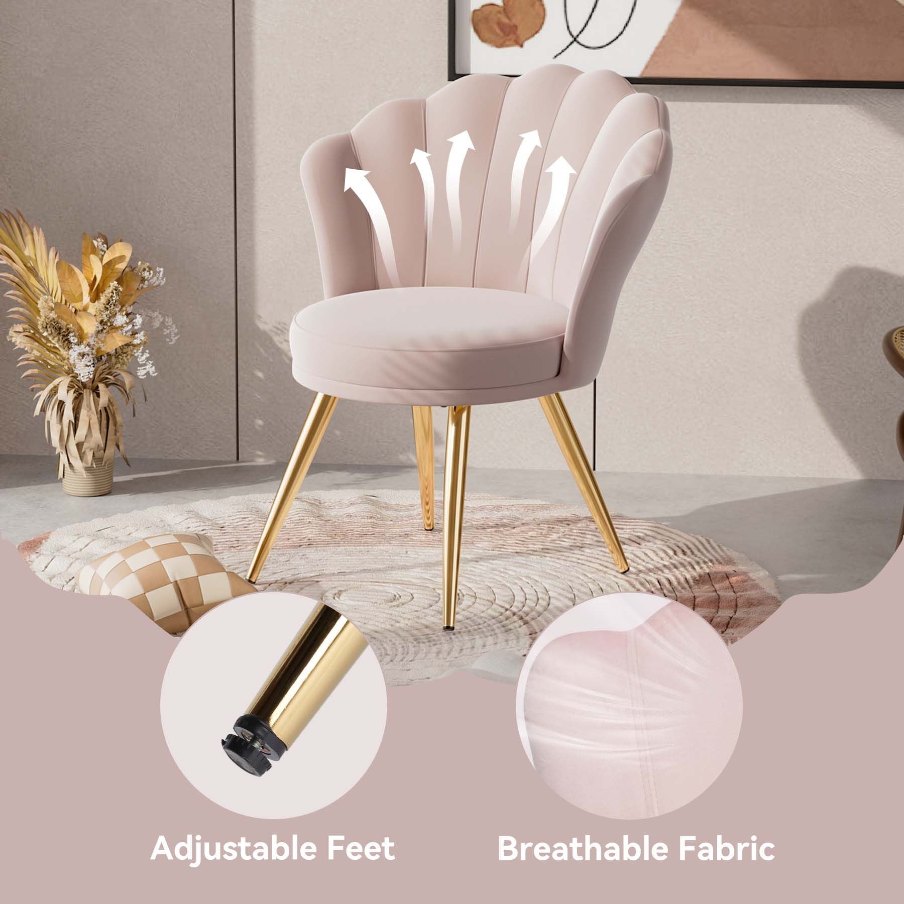 Velvet Accent Chair with Gold Metal Legs, Vanity Chair for Makeup Room, Upholstered Guest Chair for Living Room, Side Chair for Bedroom - Comfortable Living Decor