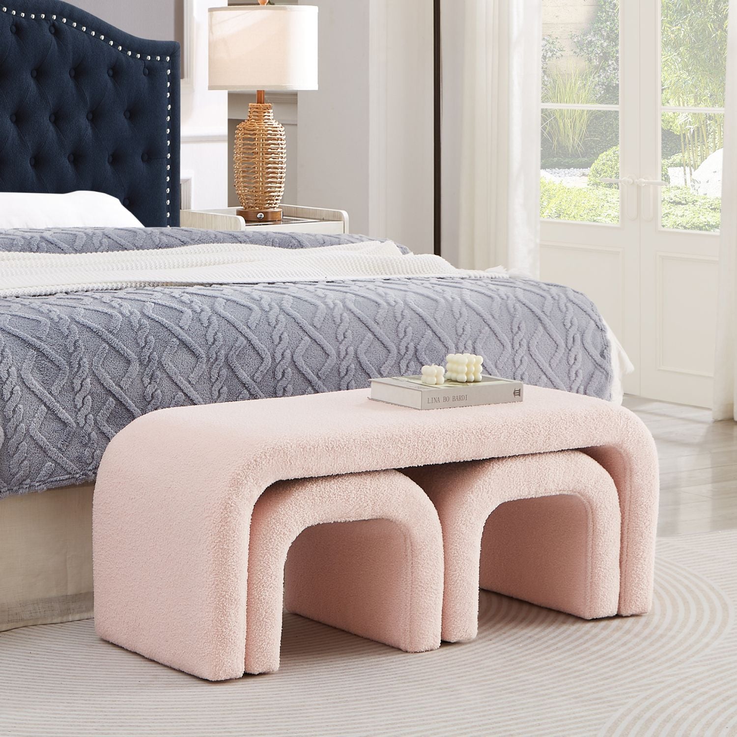 Versatile Pink U - Shaped Ottoman Bench Set for Living Room & Bedroom - 3 Piece Footrest Collection - Comfortable Living Decor