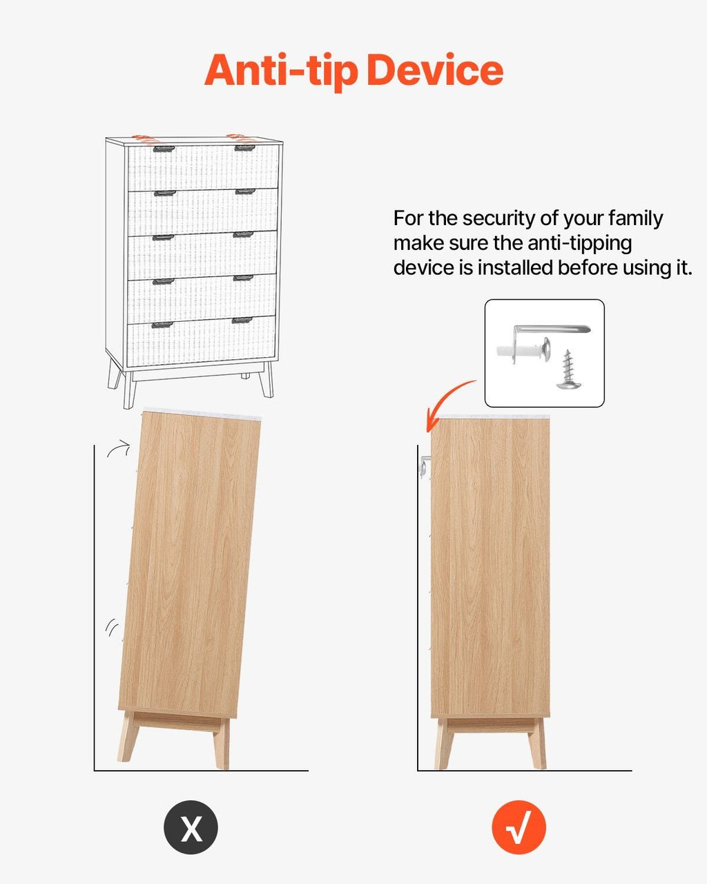VEVOR 5 Fluted Drawer Dresser, Wooden Chest of Drawers with Sliding & Anti - tip Device, Modern Minimalist Dresser Chest, Closet Storage Organizer for Living Room, Hallway, Bedroom, Entryway, Light Wood - Comfortable Living Decor