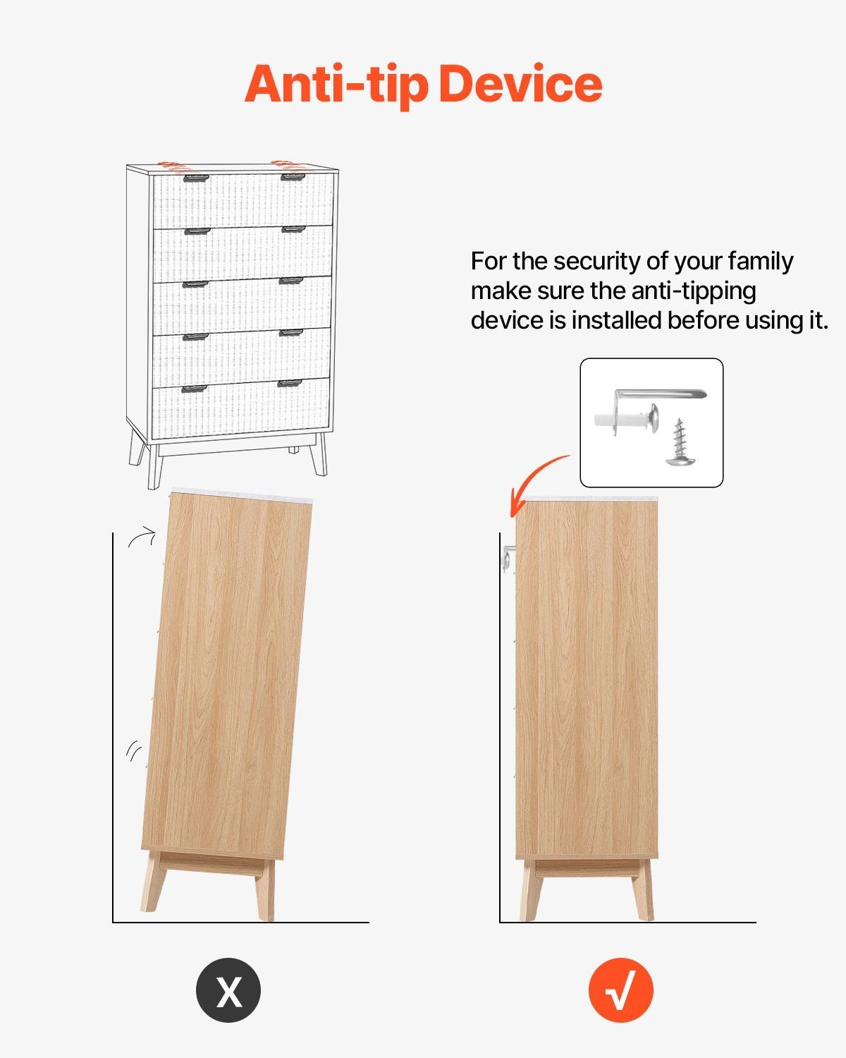 VEVOR 5 Fluted Drawer Dresser, Wooden Chest of Drawers with Sliding & Anti - tip Device, Modern Minimalist Dresser Chest, Closet Storage Organizer for Living Room, Hallway, Bedroom, Entryway, Light Wood - Comfortable Living Decor
