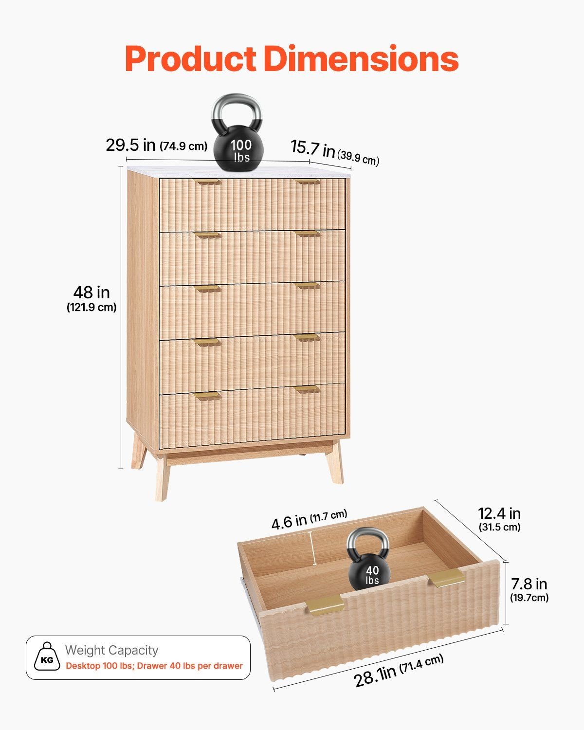 VEVOR 5 Fluted Drawer Dresser, Wooden Chest of Drawers with Sliding & Anti - tip Device, Modern Minimalist Dresser Chest, Closet Storage Organizer for Living Room, Hallway, Bedroom, Entryway, Light Wood - Comfortable Living Decor