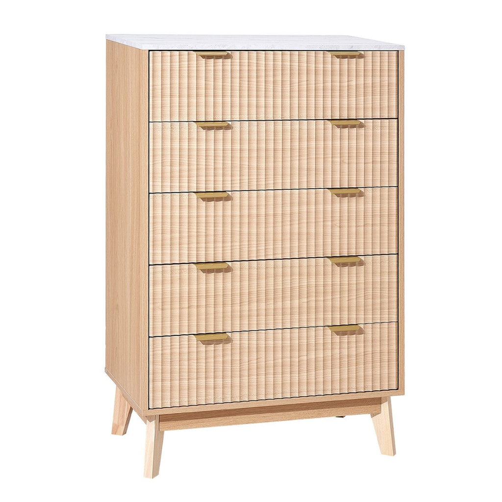 VEVOR 5 Fluted Drawer Dresser, Wooden Chest of Drawers with Sliding & Anti - tip Device, Modern Minimalist Dresser Chest, Closet Storage Organizer for Living Room, Hallway, Bedroom, Entryway, Light Wood - Comfortable Living Decor