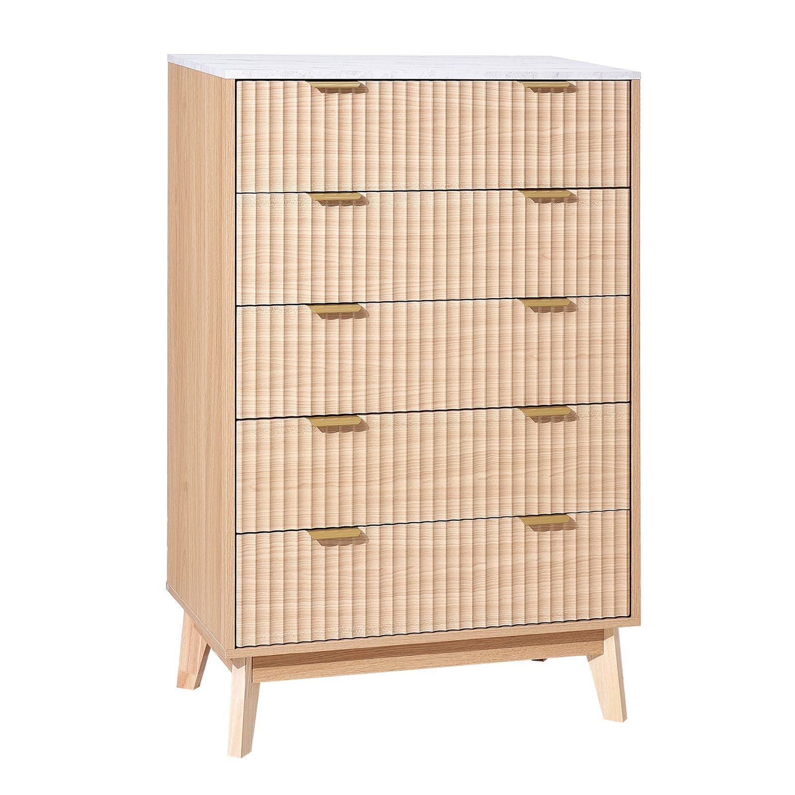 VEVOR 5 Fluted Drawer Dresser, Wooden Chest of Drawers with Sliding & Anti - tip Device, Modern Minimalist Dresser Chest, Closet Storage Organizer for Living Room, Hallway, Bedroom, Entryway, Light Wood - Comfortable Living Decor