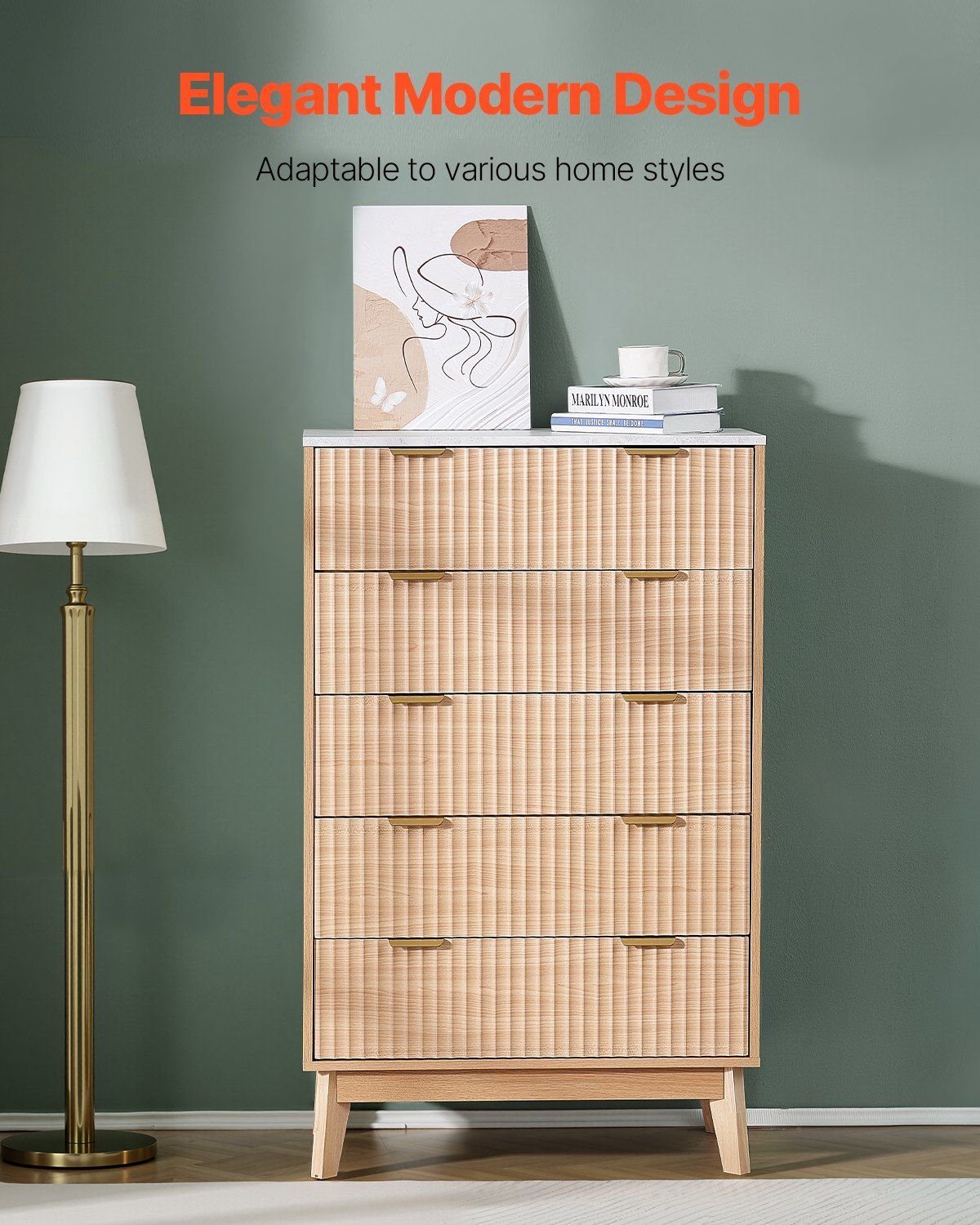VEVOR 5 Fluted Drawer Dresser, Wooden Chest of Drawers with Sliding & Anti - tip Device, Modern Minimalist Dresser Chest, Closet Storage Organizer for Living Room, Hallway, Bedroom, Entryway, Light Wood - Comfortable Living Decor