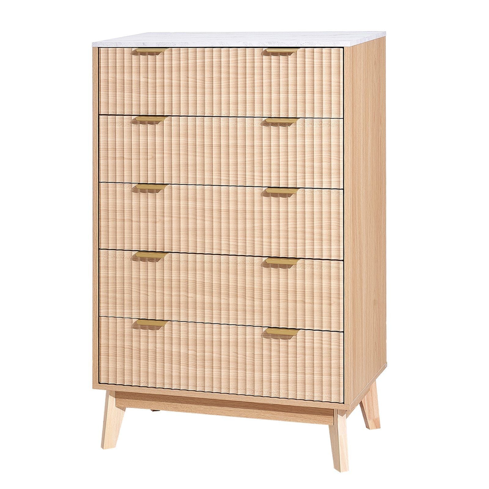 VEVOR 5 Fluted Drawer Dresser, Wooden Chest of Drawers with Sliding & Anti - tip Device, Modern Minimalist Dresser Chest, Closet Storage Organizer for Living Room, Hallway, Bedroom, Entryway, Light Wood - Comfortable Living Decor
