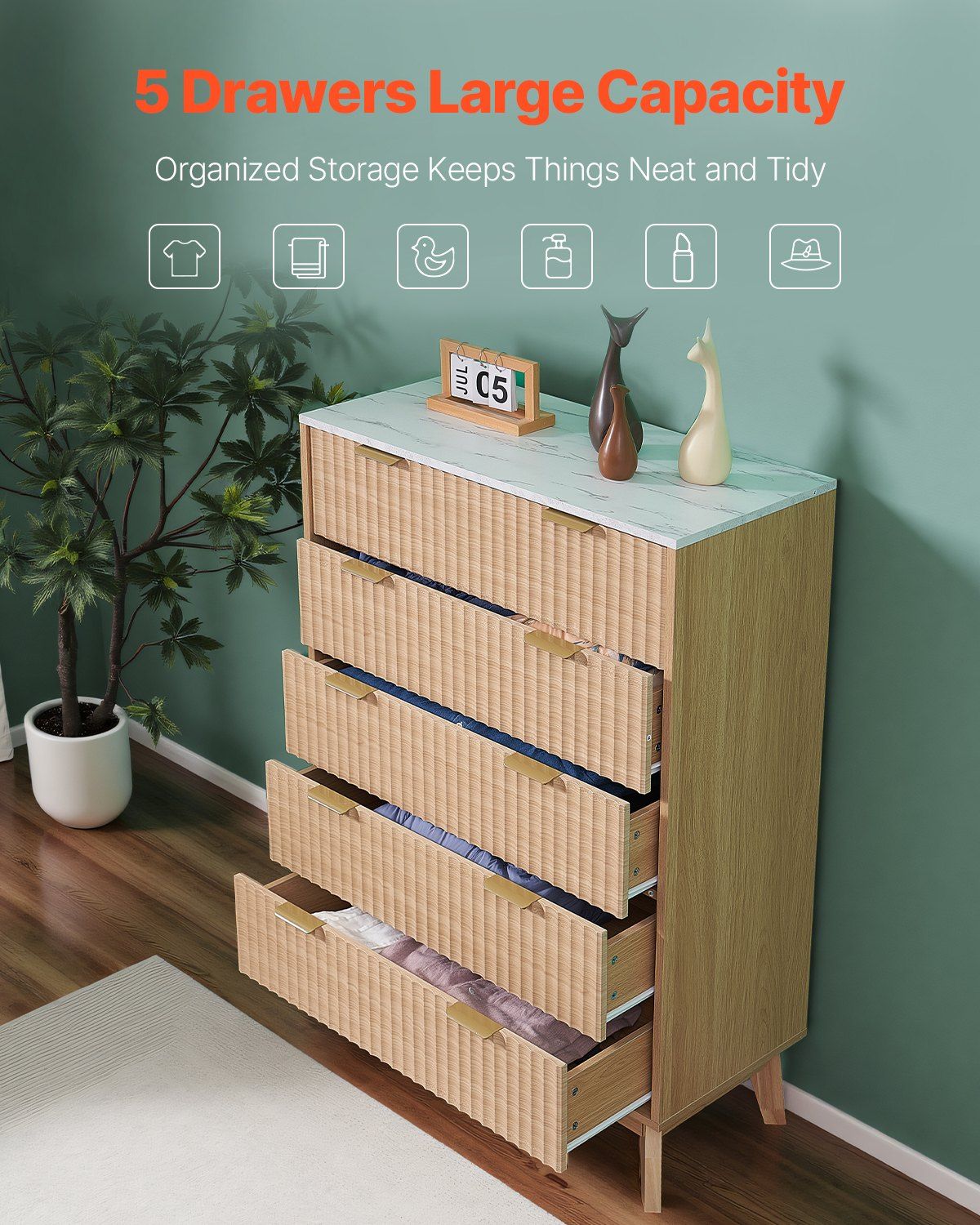 VEVOR 5 Fluted Drawer Dresser, Wooden Chest of Drawers with Sliding & Anti - tip Device, Modern Minimalist Dresser Chest, Closet Storage Organizer for Living Room, Hallway, Bedroom, Entryway, Light Wood - Comfortable Living Decor