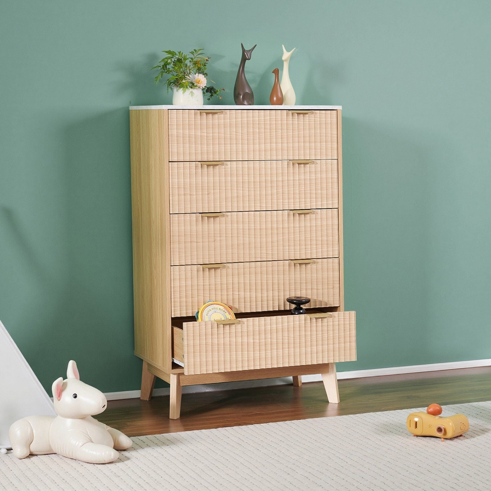 VEVOR 5 Fluted Drawer Dresser, Wooden Chest of Drawers with Sliding & Anti - tip Device, Modern Minimalist Dresser Chest, Closet Storage Organizer for Living Room, Hallway, Bedroom, Entryway, Light Wood - Comfortable Living Decor