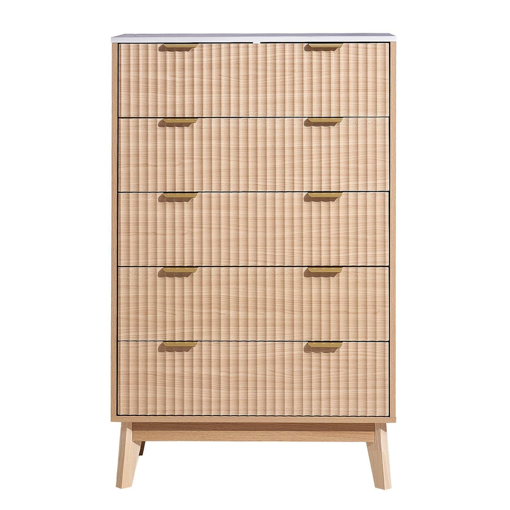 VEVOR 5 Fluted Drawer Dresser, Wooden Chest of Drawers with Sliding & Anti - tip Device, Modern Minimalist Dresser Chest, Closet Storage Organizer for Living Room, Hallway, Bedroom, Entryway, Light Wood - Comfortable Living Decor