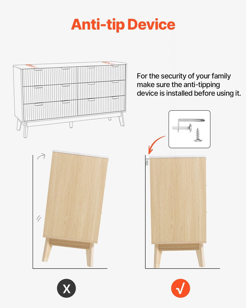 VEVOR 6 Fluted Drawer Dresser, Wooden Chest of Drawers with Sliding & Anti - tip Device, Modern Minimalist Dresser Chest, Fluted Closet Storage for Living Room, Hallway, Bedroom, Entryway, Light Wood - Comfortable Living Decor
