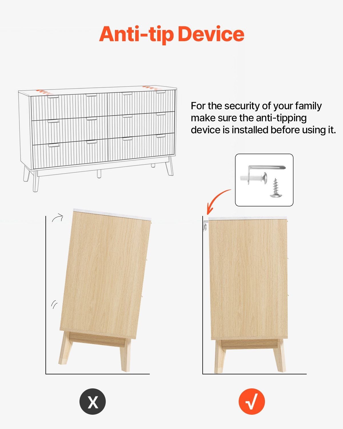 VEVOR 6 Fluted Drawer Dresser, Wooden Chest of Drawers with Sliding & Anti - tip Device, Modern Minimalist Dresser Chest, Fluted Closet Storage for Living Room, Hallway, Bedroom, Entryway, Light Wood - Comfortable Living Decor