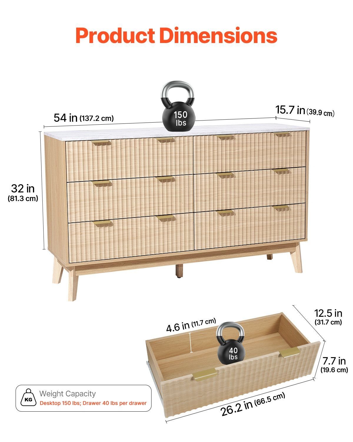 VEVOR 6 Fluted Drawer Dresser, Wooden Chest of Drawers with Sliding & Anti - tip Device, Modern Minimalist Dresser Chest, Fluted Closet Storage for Living Room, Hallway, Bedroom, Entryway, Light Wood - Comfortable Living Decor