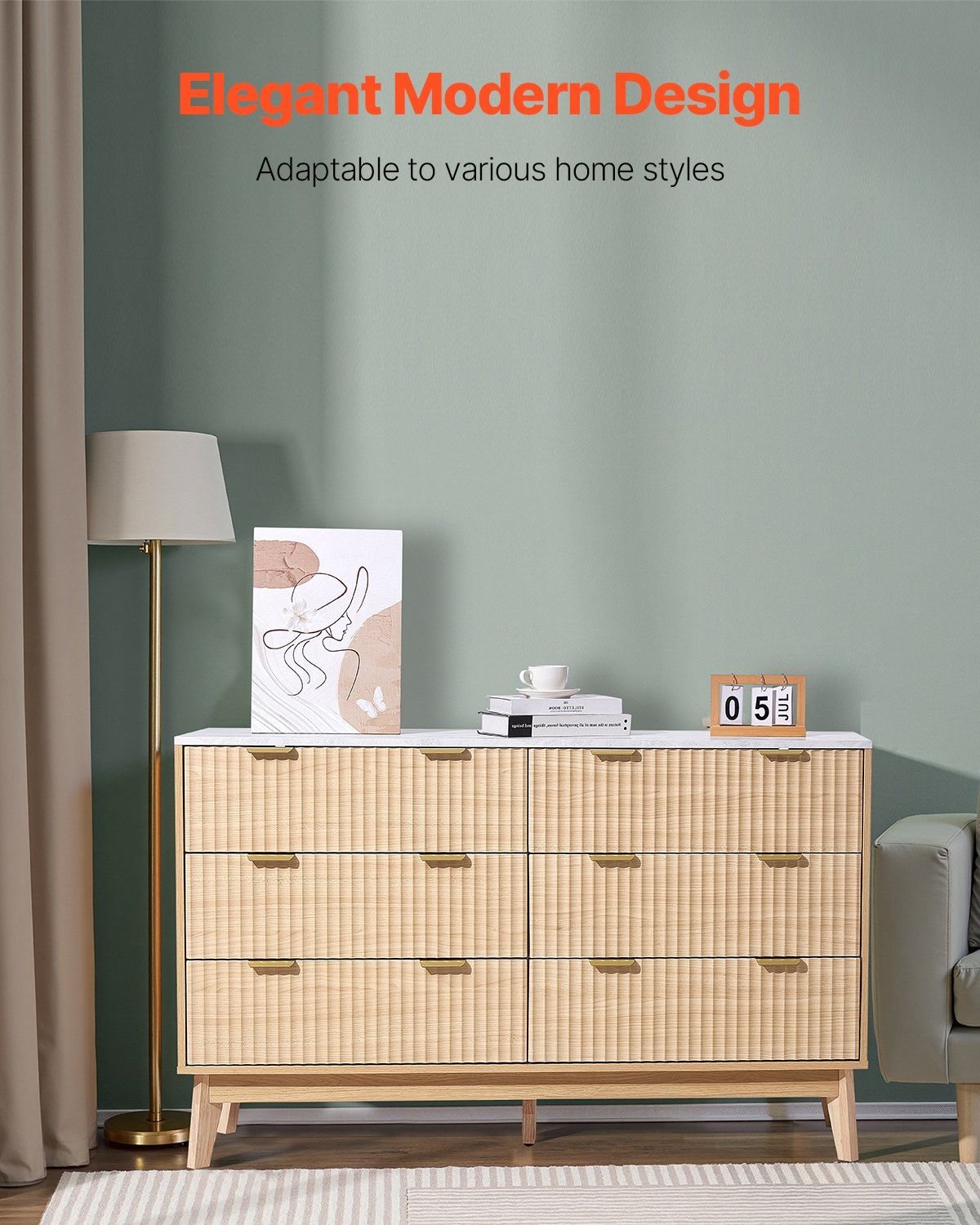 VEVOR 6 Fluted Drawer Dresser, Wooden Chest of Drawers with Sliding & Anti - tip Device, Modern Minimalist Dresser Chest, Fluted Closet Storage for Living Room, Hallway, Bedroom, Entryway, Light Wood - Comfortable Living Decor
