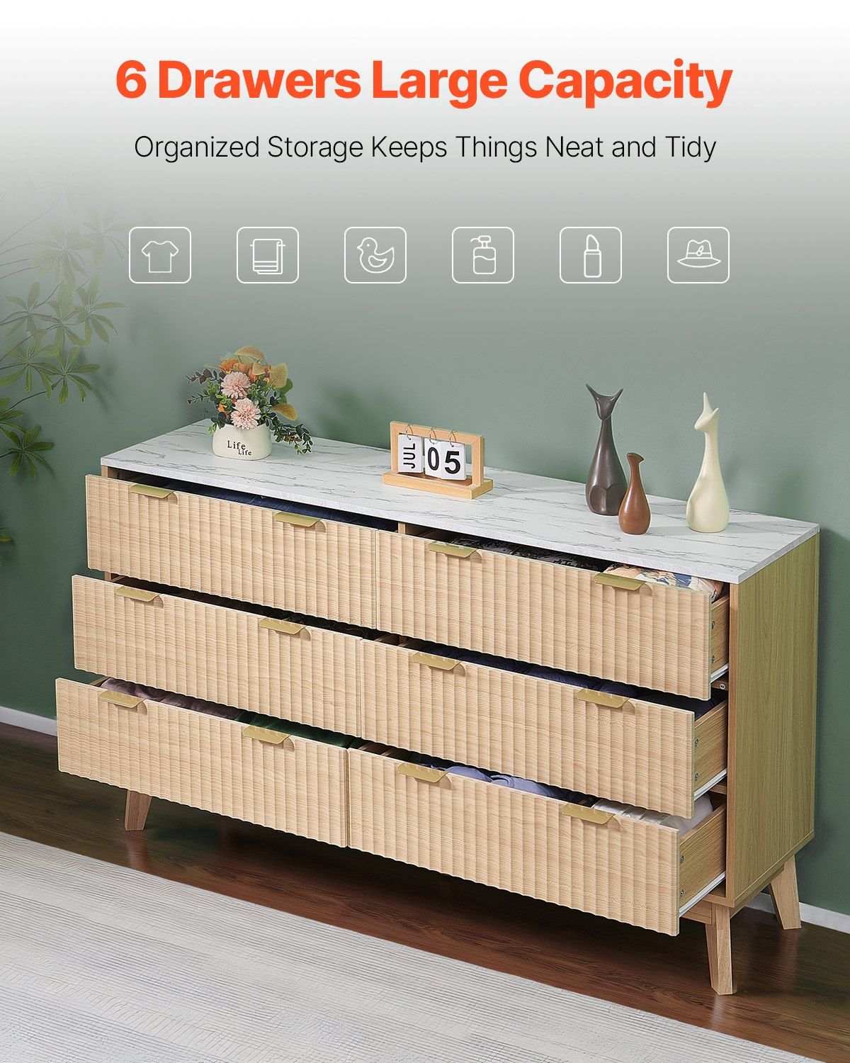 VEVOR 6 Fluted Drawer Dresser, Wooden Chest of Drawers with Sliding & Anti - tip Device, Modern Minimalist Dresser Chest, Fluted Closet Storage for Living Room, Hallway, Bedroom, Entryway, Light Wood - Comfortable Living Decor