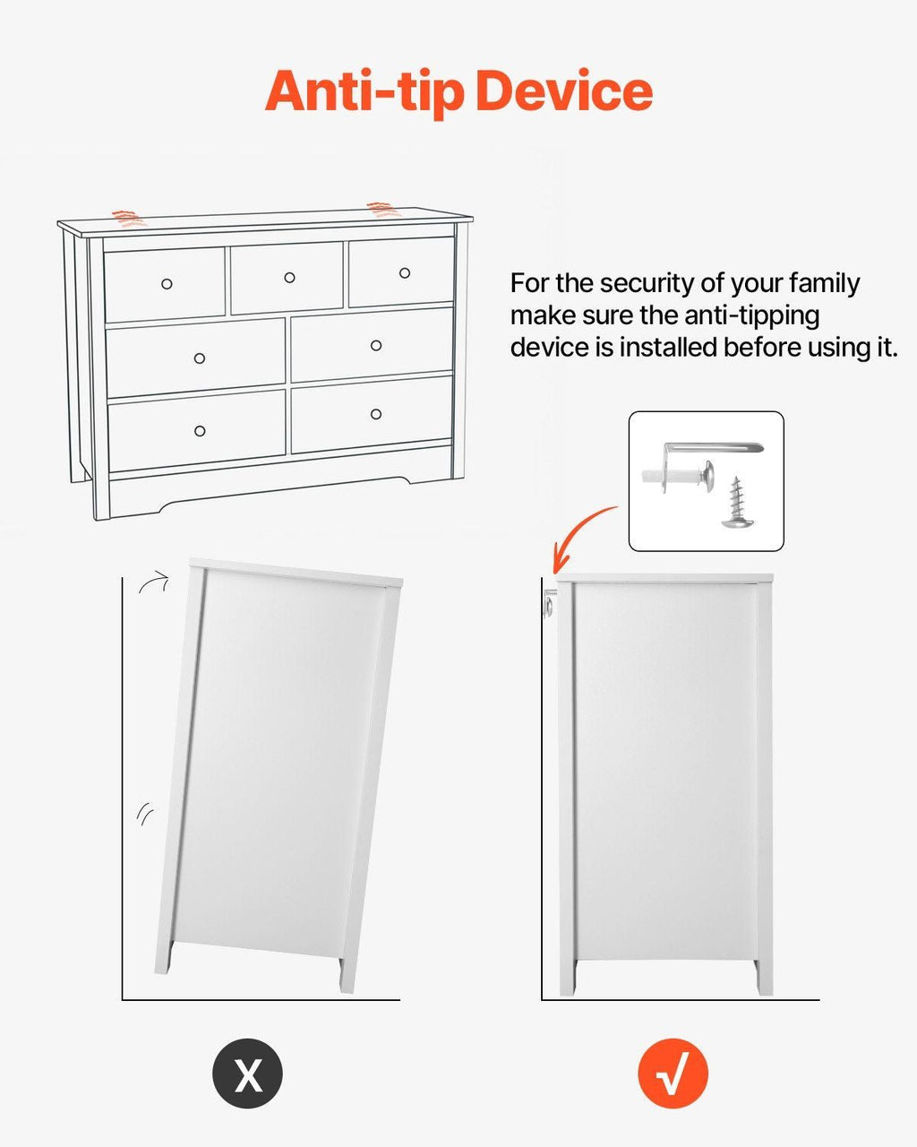 VEVOR 7 Drawer Dresser, Wooden Chest of Drawers with Sliding with Anti - tip Device, Modern Minimalist Dresser Chest, Closet Storage Organizer for Living Room, Hallway, Bedroom, Entryway, White - Comfortable Living Decor