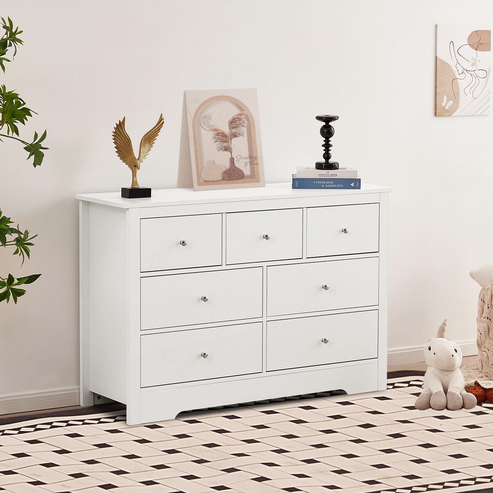 VEVOR 7 Drawer Dresser, Wooden Chest of Drawers with Sliding with Anti - tip Device, Modern Minimalist Dresser Chest, Closet Storage Organizer for Living Room, Hallway, Bedroom, Entryway, White - Comfortable Living Decor