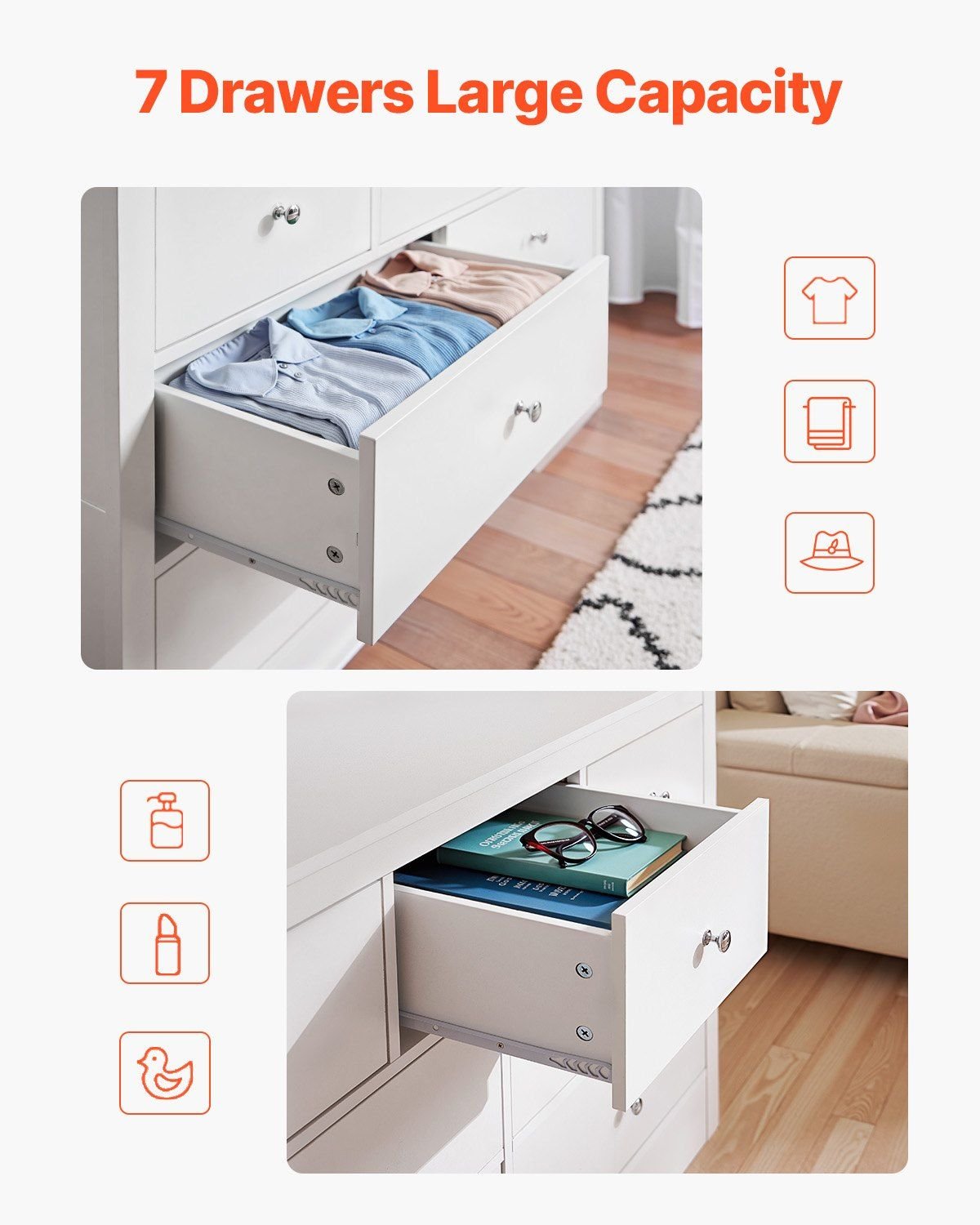 VEVOR 7 Drawer Dresser, Wooden Chest of Drawers with Sliding with Anti - tip Device, Modern Minimalist Dresser Chest, Closet Storage Organizer for Living Room, Hallway, Bedroom, Entryway, White - Comfortable Living Decor
