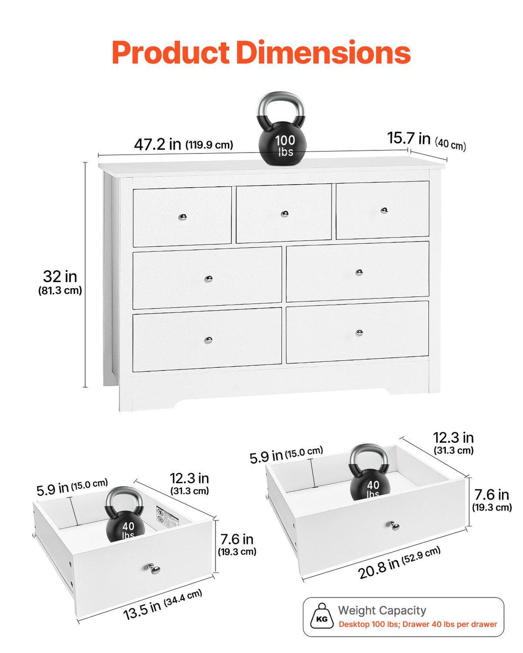 VEVOR 7 Drawer Dresser, Wooden Chest of Drawers with Sliding with Anti - tip Device, Modern Minimalist Dresser Chest, Closet Storage Organizer for Living Room, Hallway, Bedroom, Entryway, White - Comfortable Living Decor