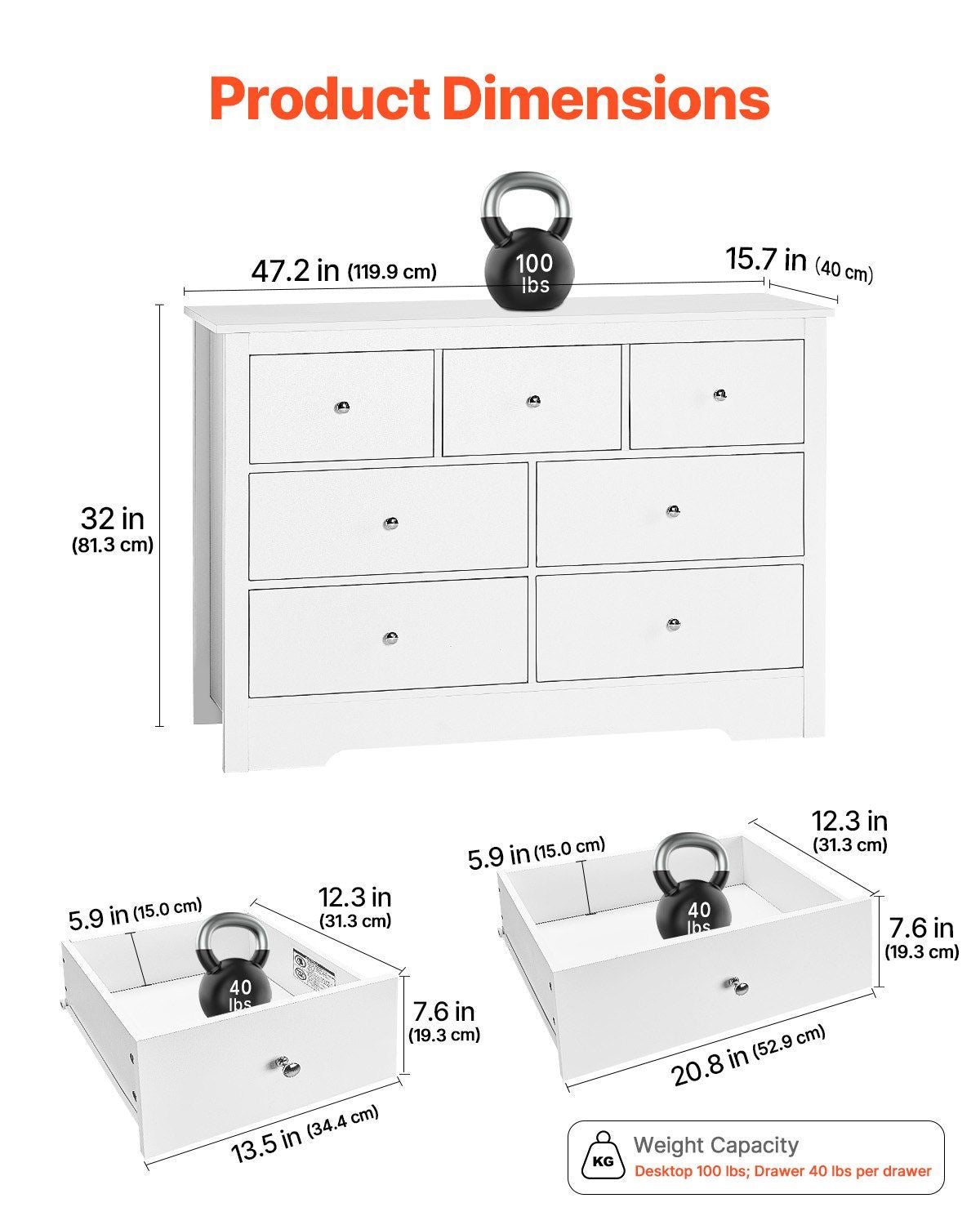 VEVOR 7 Drawer Dresser, Wooden Chest of Drawers with Sliding with Anti - tip Device, Modern Minimalist Dresser Chest, Closet Storage Organizer for Living Room, Hallway, Bedroom, Entryway, White - Comfortable Living Decor