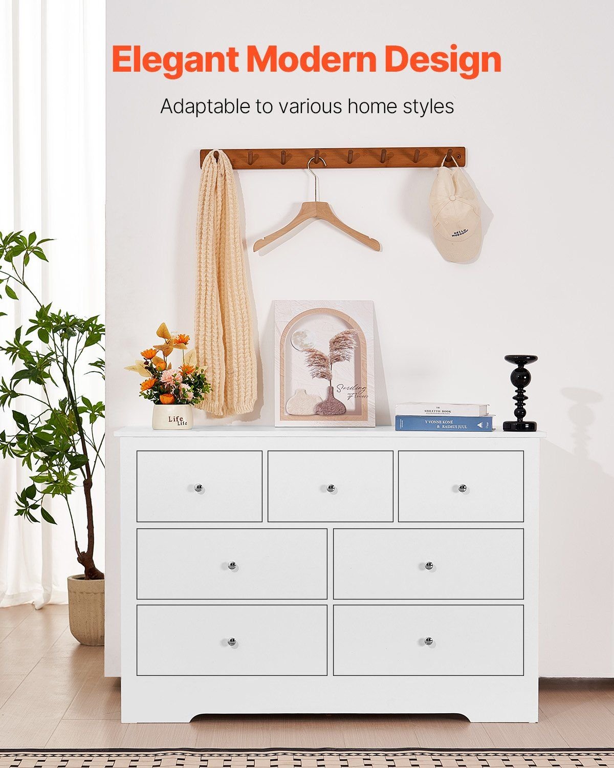 VEVOR 7 Drawer Dresser, Wooden Chest of Drawers with Sliding with Anti - tip Device, Modern Minimalist Dresser Chest, Closet Storage Organizer for Living Room, Hallway, Bedroom, Entryway, White - Comfortable Living Decor