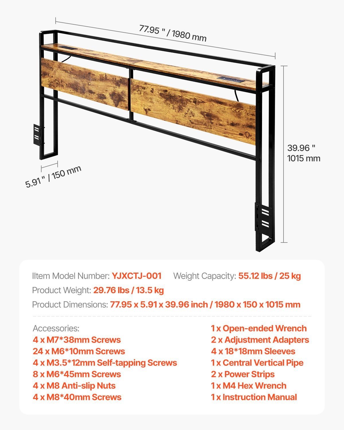 VEVOR Headboard for King Size Bed, Adjustable Height Headboard with Storage Shelf, King Size Freestanding Head Board with Outlets and USB Port for Different Bed Frames, Easy Assembly, Black and Brown - Comfortable Living Decor