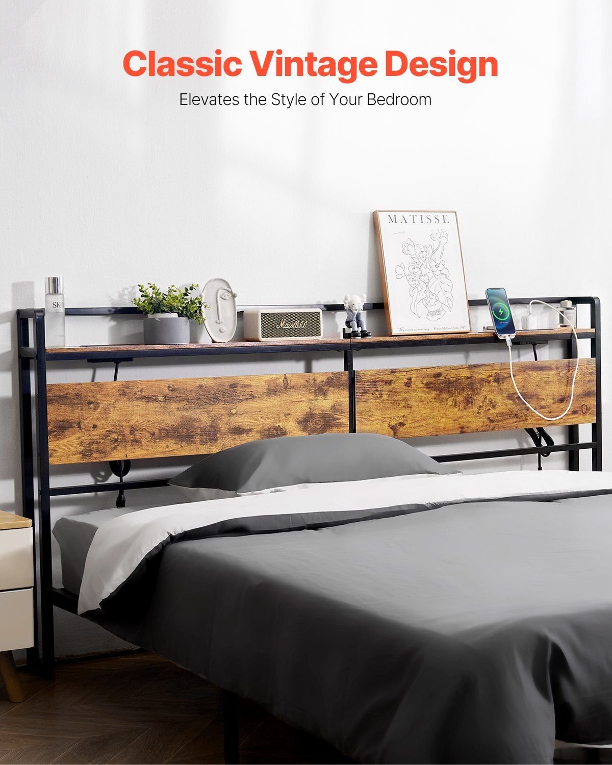 VEVOR Headboard for King Size Bed, Adjustable Height Headboard with Storage Shelf, King Size Freestanding Head Board with Outlets and USB Port for Different Bed Frames, Easy Assembly, Black and Brown - Comfortable Living Decor