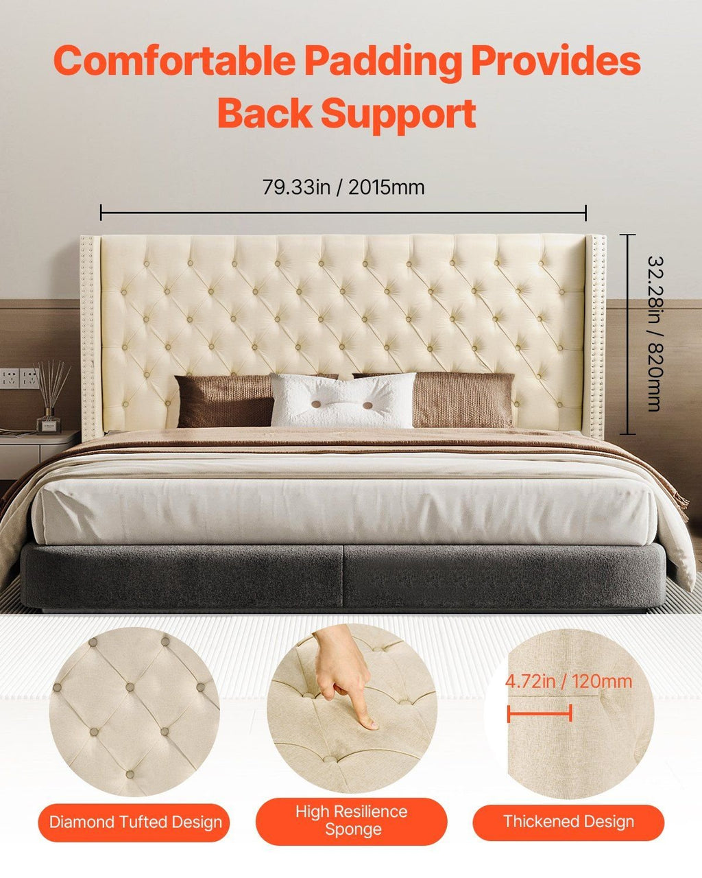 VEVOR Headboard, King Size Headboard with Adjustable Height, Comfortable Diamond Tufted for King Size Bed, W84.1 x H (54.33 - 60.24) x D 8.27 in, Ideal for Bedroom, Hotel, Homestay, Dormitory, Cream - Comfortable Living Decor