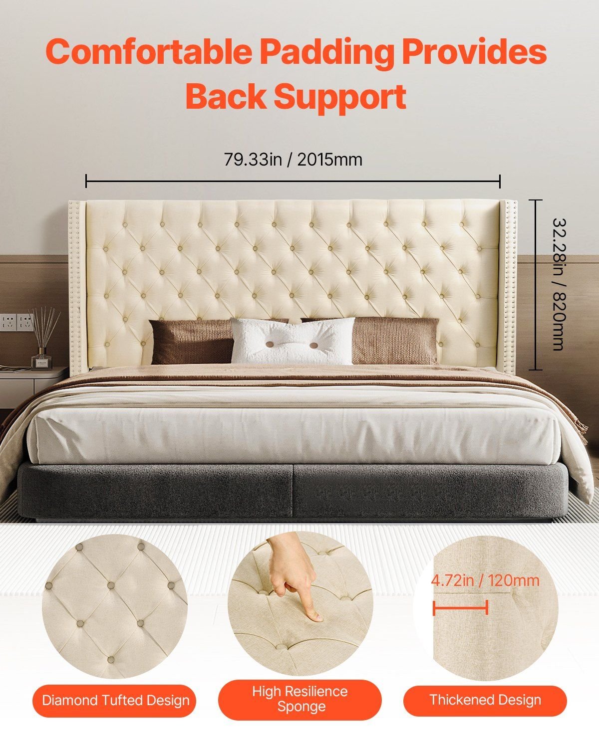 VEVOR Headboard, King Size Headboard with Adjustable Height, Comfortable Diamond Tufted for King Size Bed, W84.1 x H (54.33 - 60.24) x D 8.27 in, Ideal for Bedroom, Hotel, Homestay, Dormitory, Cream - Comfortable Living Decor