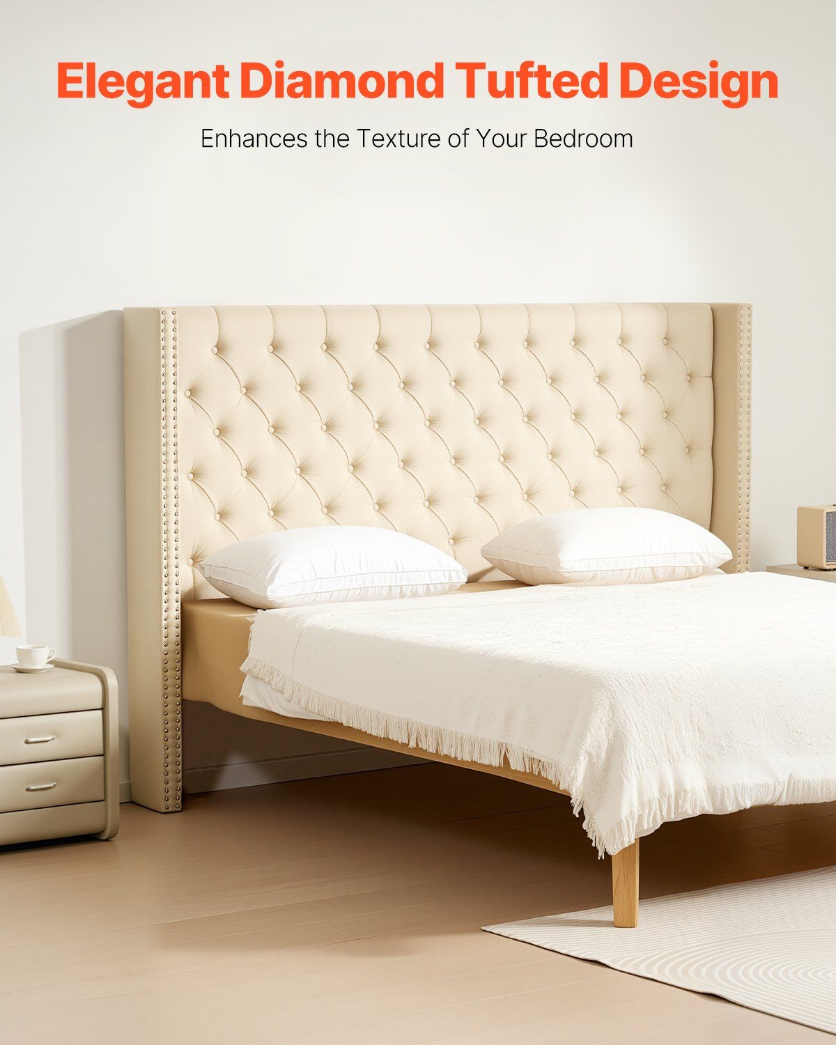 VEVOR Headboard, King Size Headboard with Adjustable Height, Comfortable Diamond Tufted for King Size Bed, W84.1 x H (54.33 - 60.24) x D 8.27 in, Ideal for Bedroom, Hotel, Homestay, Dormitory, Cream - Comfortable Living Decor