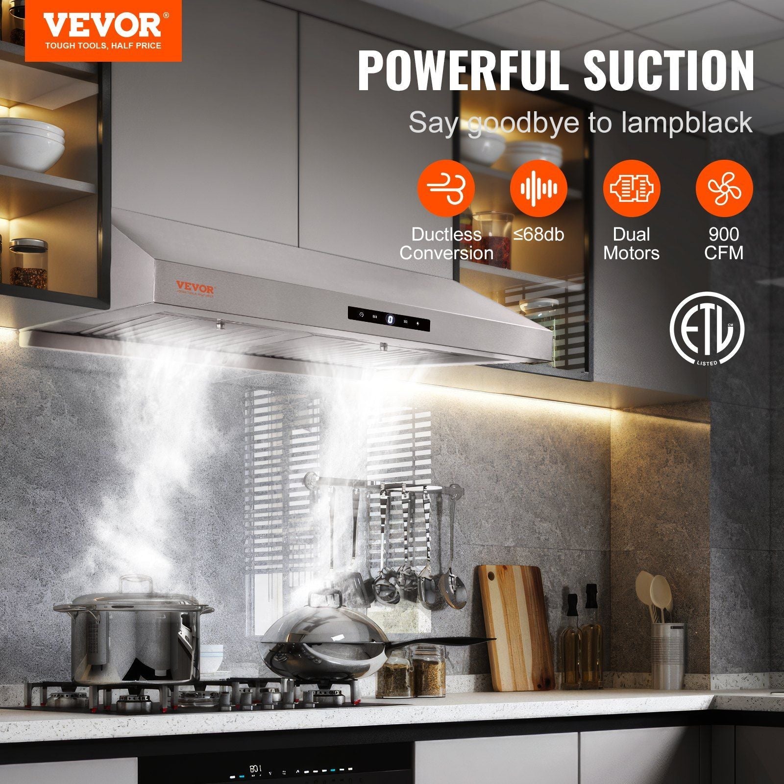 VEVOR Under Cabinet Range Hood, Dual Motors Ductless Kitchen Stove Vent, Stainless Steel Permanent Filter with 3 - Speed Exhaust Fan, 2 Baffle Filters, LED Lights, Touch Control Panel, Silver (30 inch) - Comfortable Living Decor