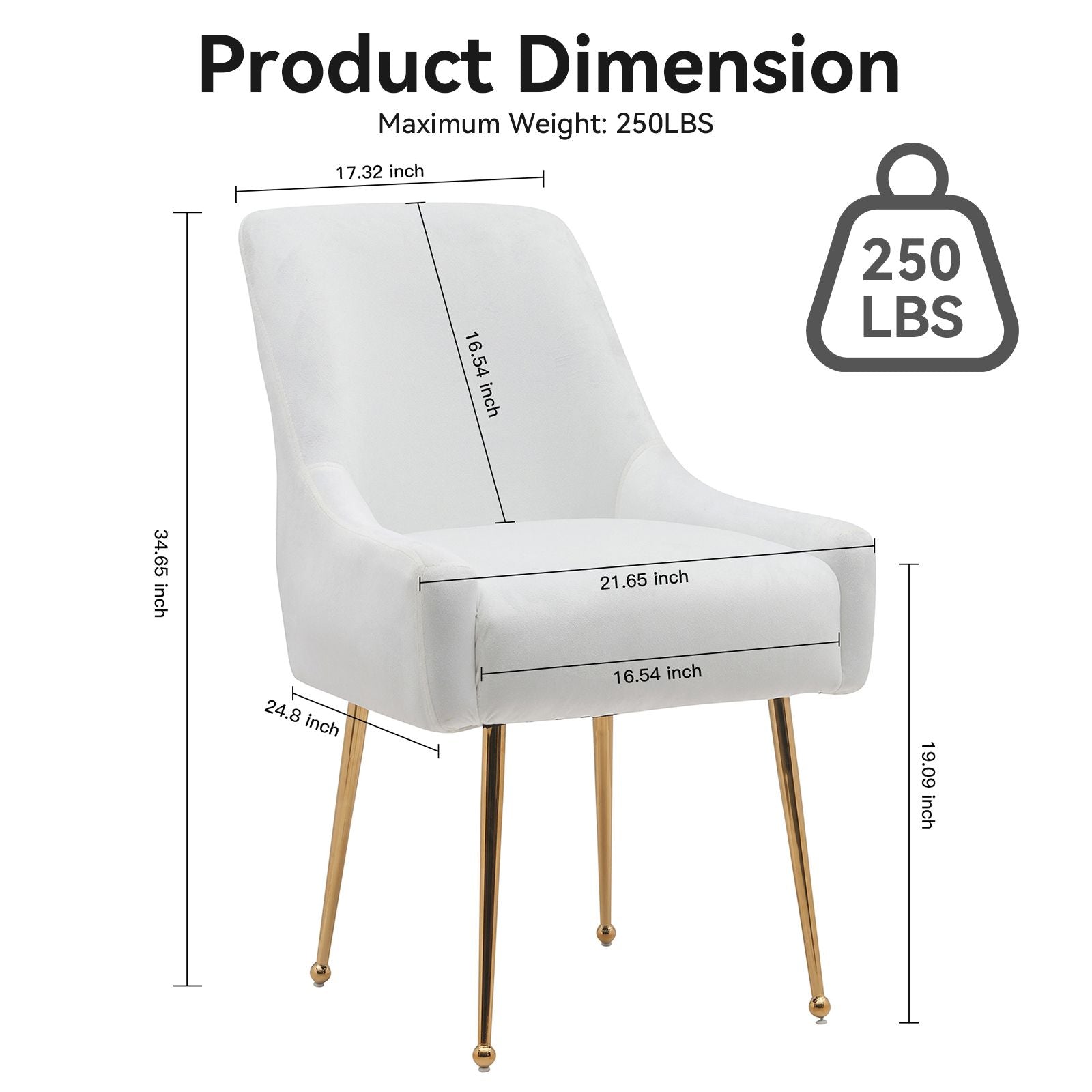 White Tufted Velvet Golden Legs Dining Chair with Pulling Handle and Adjustable Foot Nails(Set of 2) - Comfortable Living Decor