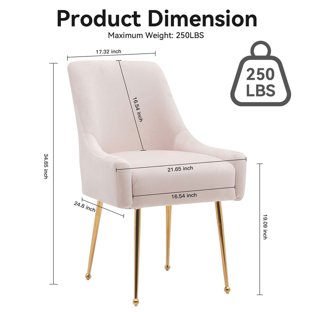 White Tufted Velvet Golden Legs Dining Chair with Pulling Handle and Adjustable Foot Nails(Set of 2) - Comfortable Living Decor