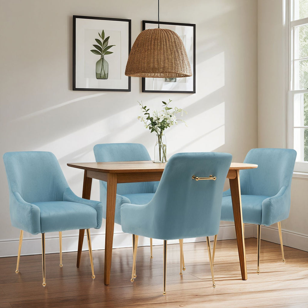 White Tufted Velvet Golden Legs Dining Chair with Pulling Handle and Adjustable Foot Nails(Set of 2) - Comfortable Living Decor