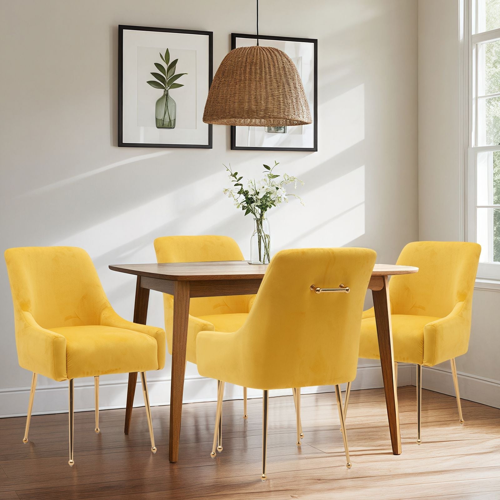 White Tufted Velvet Golden Legs Dining Chair with Pulling Handle and Adjustable Foot Nails(Set of 2) - Comfortable Living Decor