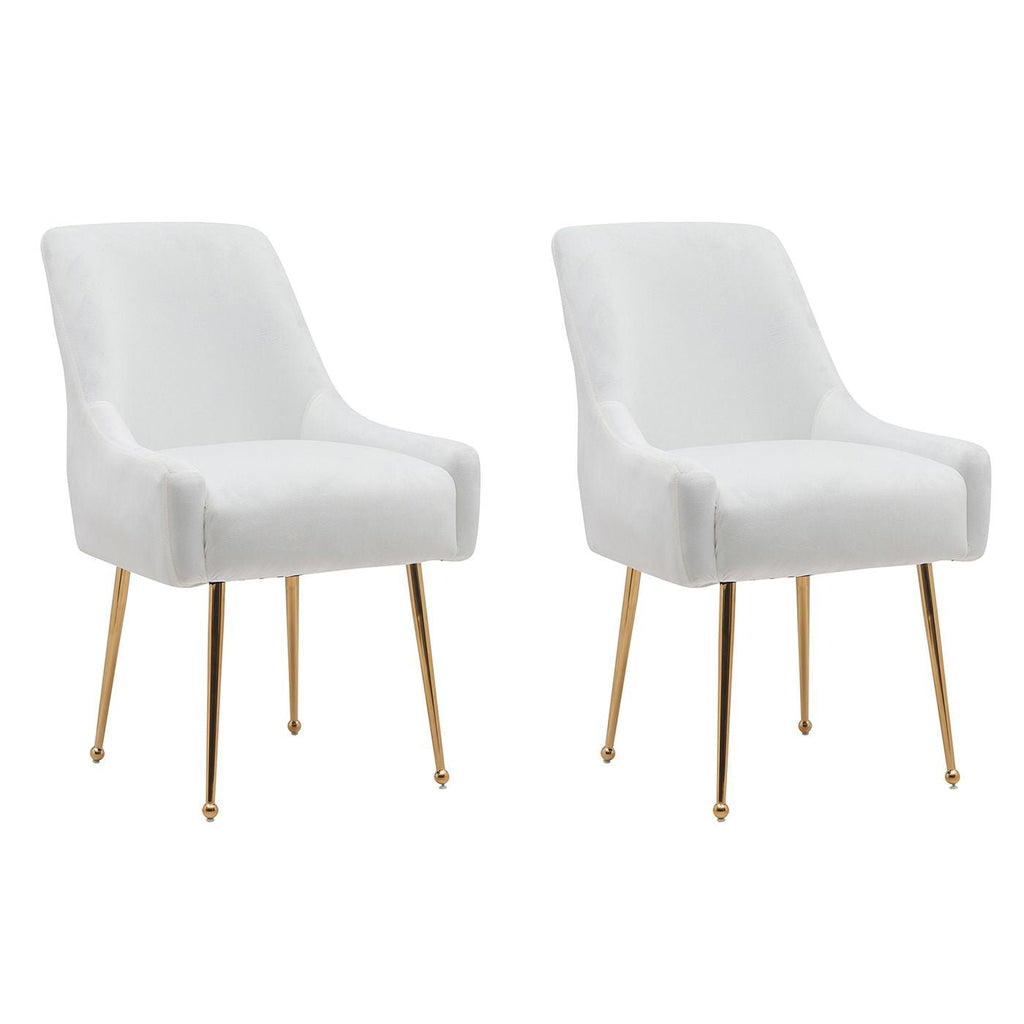 White Tufted Velvet Golden Legs Dining Chair with Pulling Handle and Adjustable Foot Nails(Set of 2) - Comfortable Living Decor