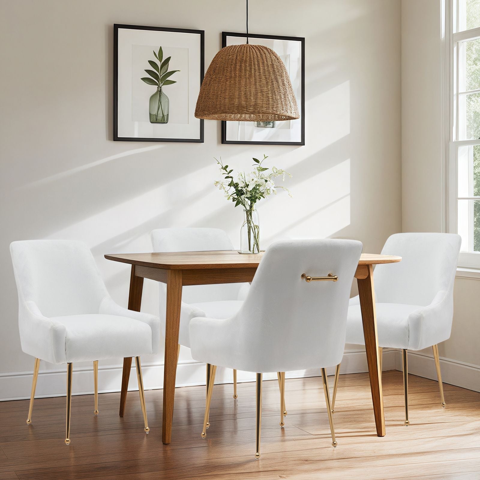 White Tufted Velvet Golden Legs Dining Chair with Pulling Handle and Adjustable Foot Nails(Set of 2) - Comfortable Living Decor