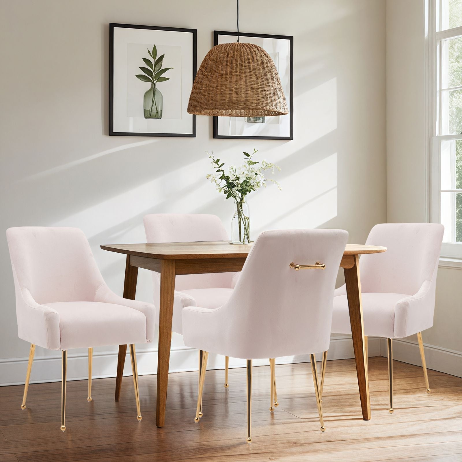 White Tufted Velvet Golden Legs Dining Chair with Pulling Handle and Adjustable Foot Nails(Set of 2) - Comfortable Living Decor