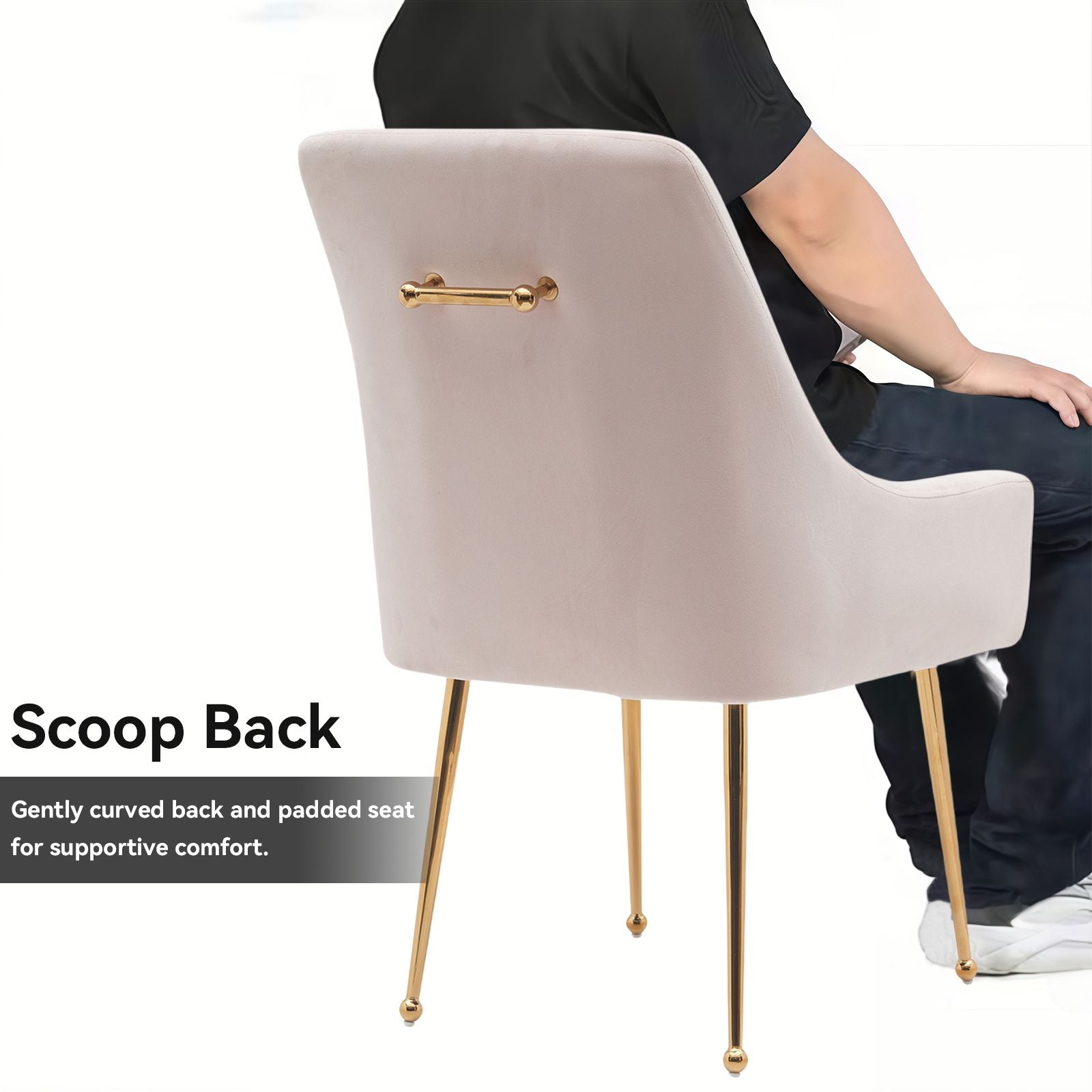 White Tufted Velvet Golden Legs Dining Chair with Pulling Handle and Adjustable Foot Nails(Set of 2) - Comfortable Living Decor