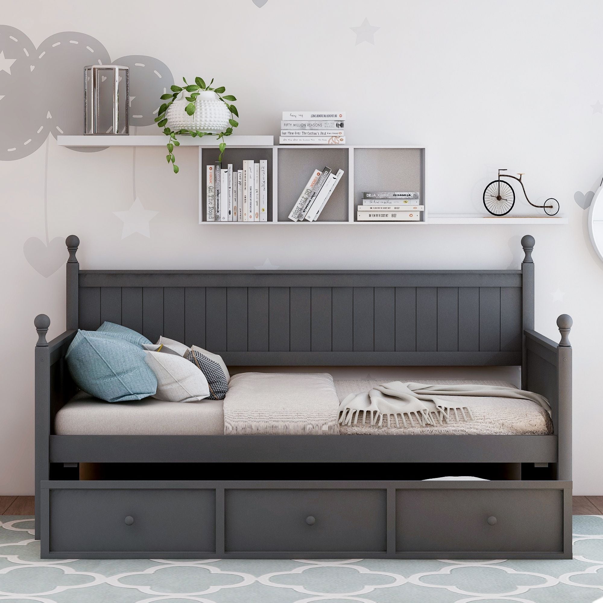 Wood Daybed with Three Drawers ; Twin Size Daybed; No Box Spring Needed ; White - Comfortable Living Decor