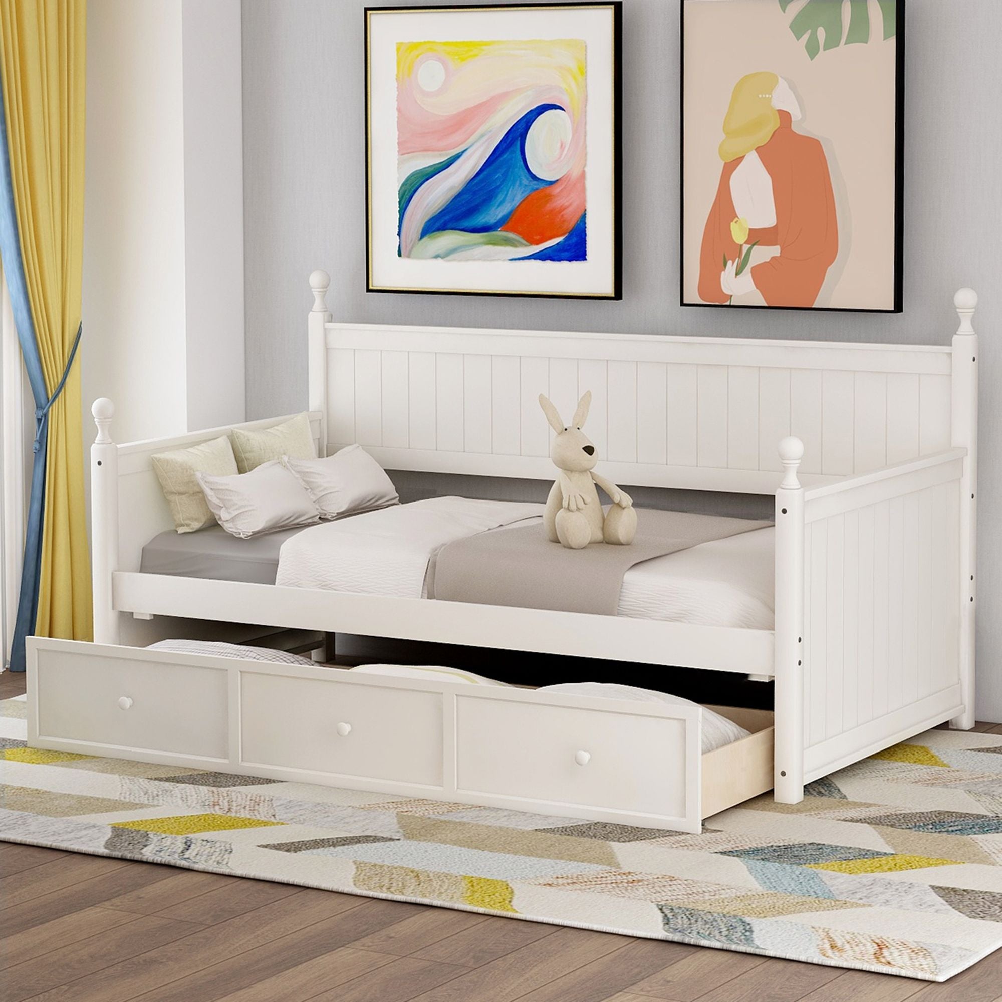 Wood Daybed with Three Drawers ; Twin Size Daybed; No Box Spring Needed ; White - Comfortable Living Decor