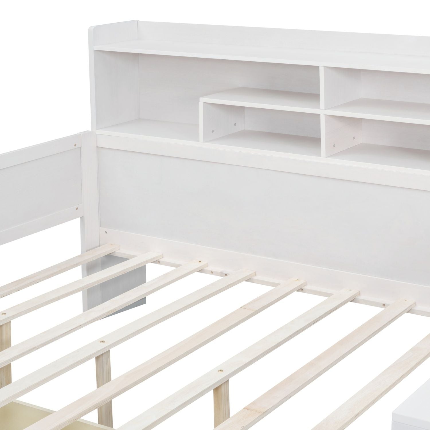Wooden Full Size Daybed with Storage Shelves, Multi - functional Bed with Two Storage Drawers and Study Desk, Antique White (Old SKU: HL000089AAK) - Comfortable Living Decor