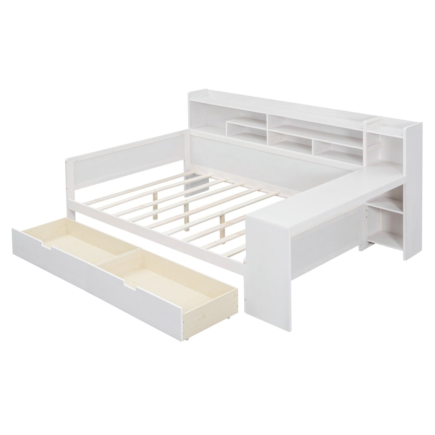 Wooden Full Size Daybed with Storage Shelves, Multi - functional Bed with Two Storage Drawers and Study Desk, Antique White (Old SKU: HL000089AAK) - Comfortable Living Decor