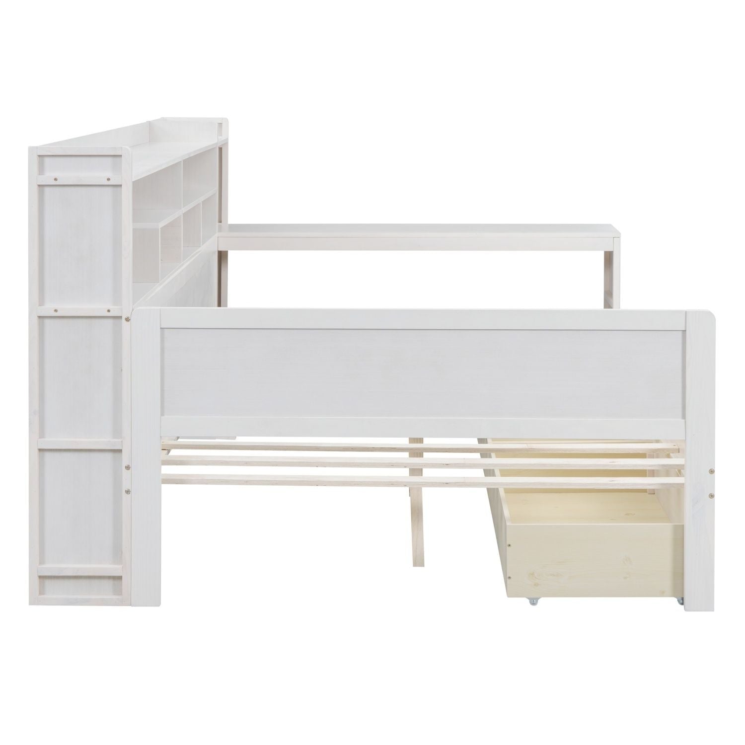 Wooden Full Size Daybed with Storage Shelves, Multi - functional Bed with Two Storage Drawers and Study Desk, Antique White (Old SKU: HL000089AAK) - Comfortable Living Decor
